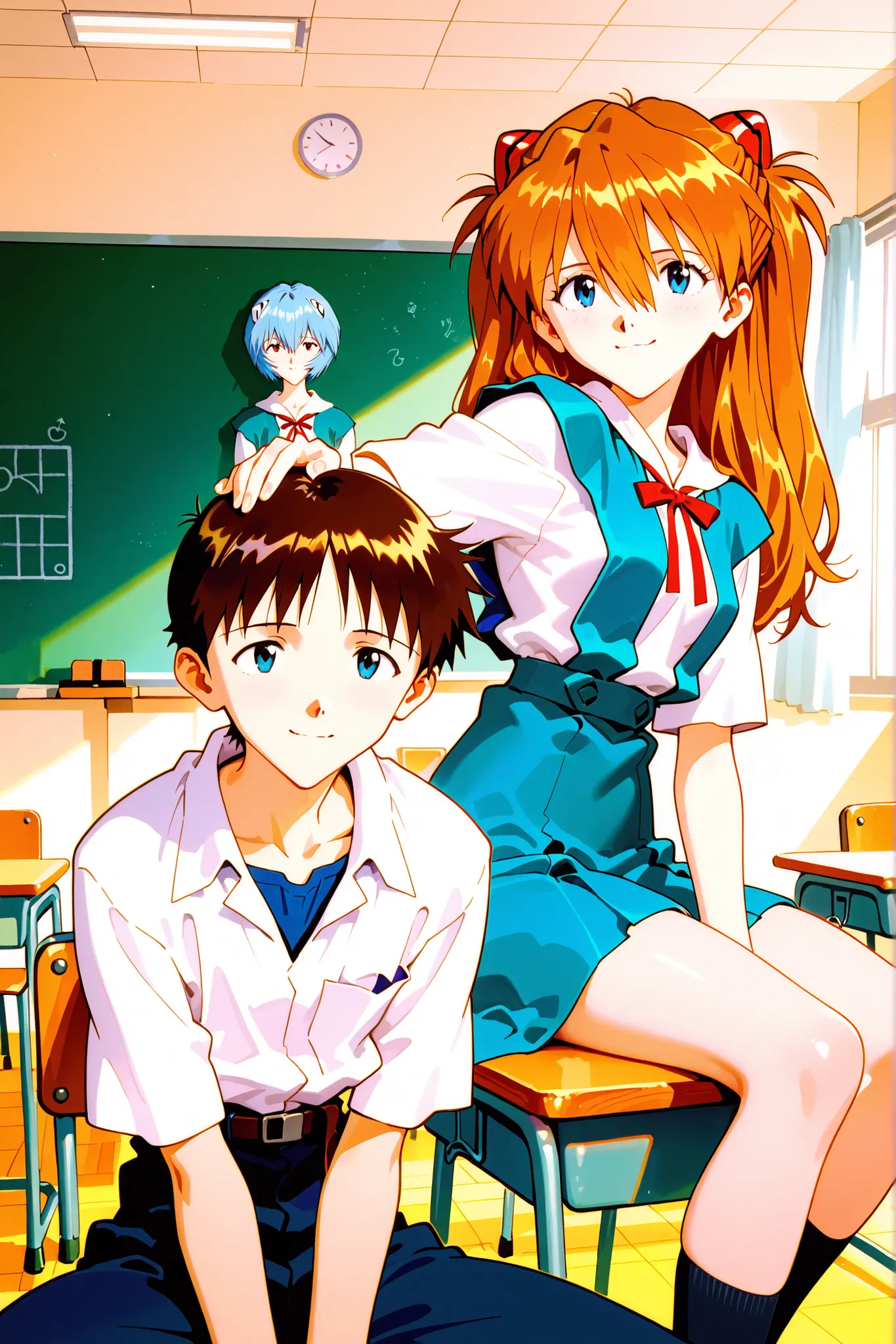 masterpiece,2girl,1boy,trio,
1girl,(Ayanami Rei,uniform,Sitting on a chair and watching a boy,v arm),
1boy,(Ikari Shinji ,uniform,riding on a boy's head), 
1girl,(Aska Langley , long hair, Bangs, blue eyes, brown hair, hair accessories.uniform, Mischievous...