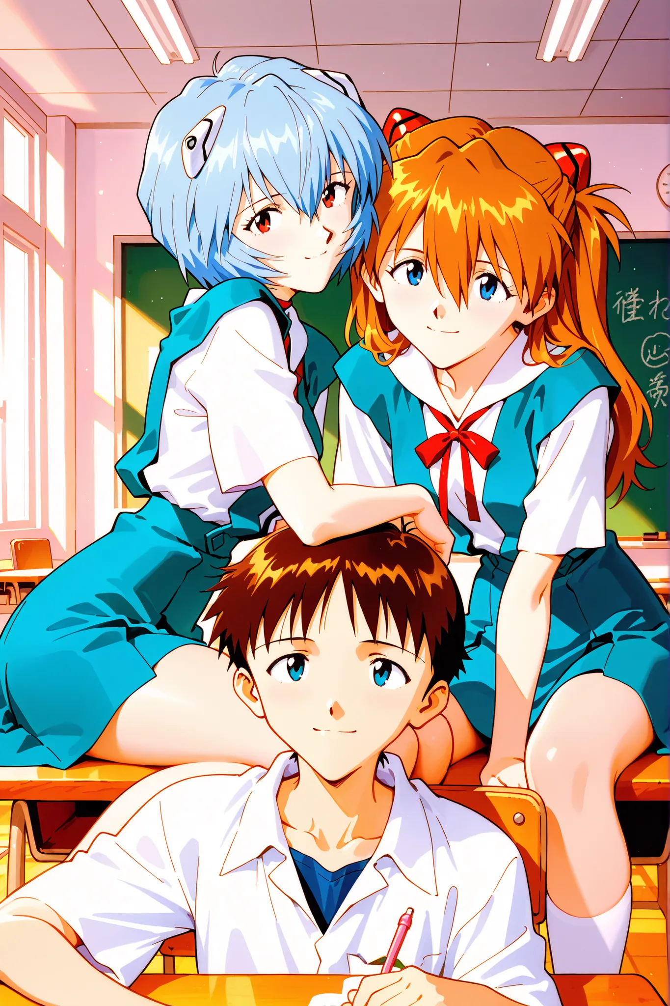masterpiece,2girl,1boy,trio,
1girl,(Ayanami Rei,uniform,Sitting on a chair and watching a boy,attach your elbows to your desk,v arm),
1boy,(Ikari Shinji ,uniform,riding on a boy's head), 
1girl,(Aska Langley , long hair, Bangs, blue eyes, brown hair, hair ...