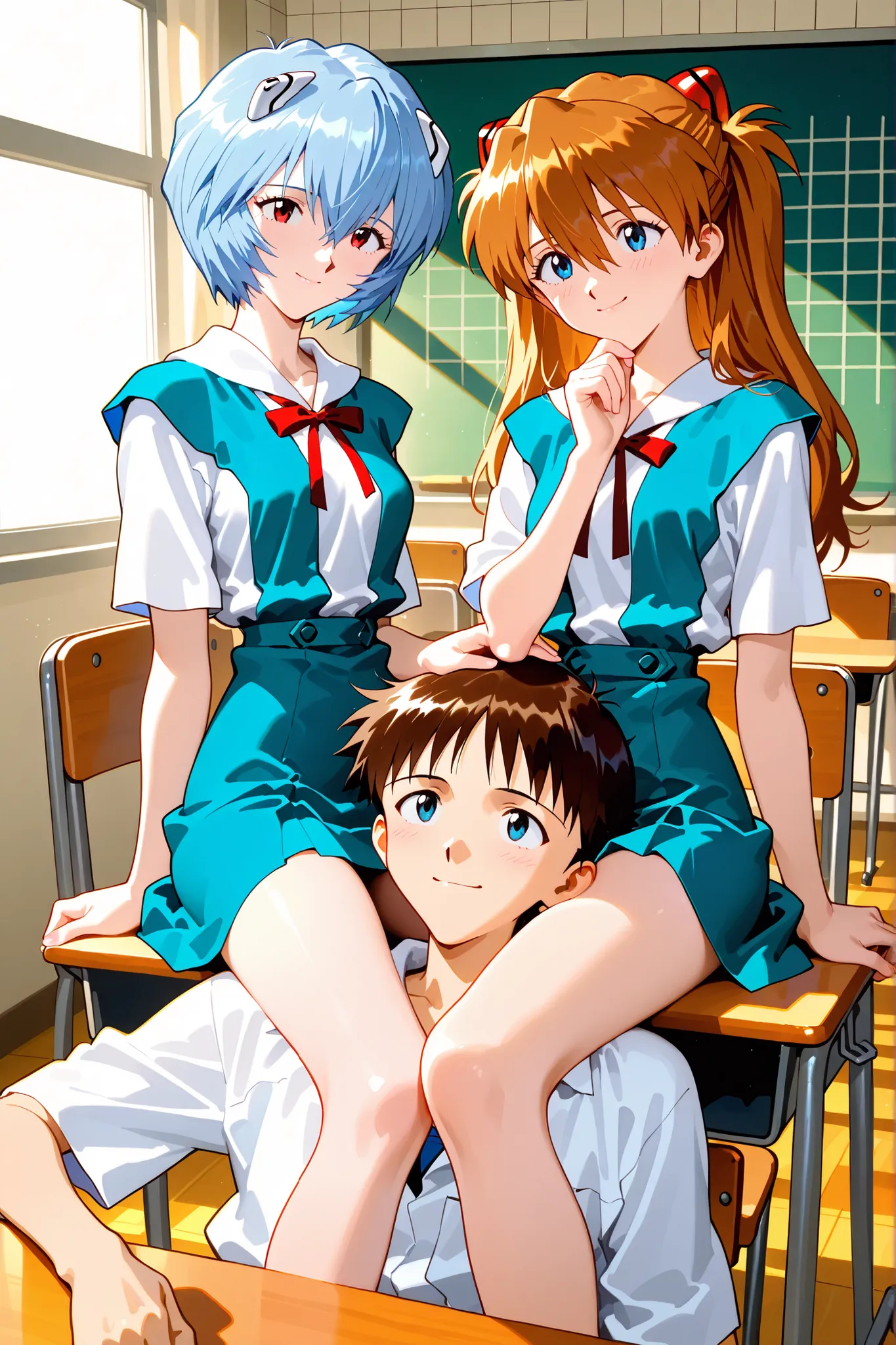 masterpiece,2girl,1boy,trio,
1girl,(Ayanami Rei,uniform,Sitting on a chair and watching a boy,attach your elbows to your desk,put your hand on your chin),
1boy,(Ikari Shinji ,uniform,riding on a boy's head), 
1girl,(Aska Langley , long hair, Bangs, blue ey...