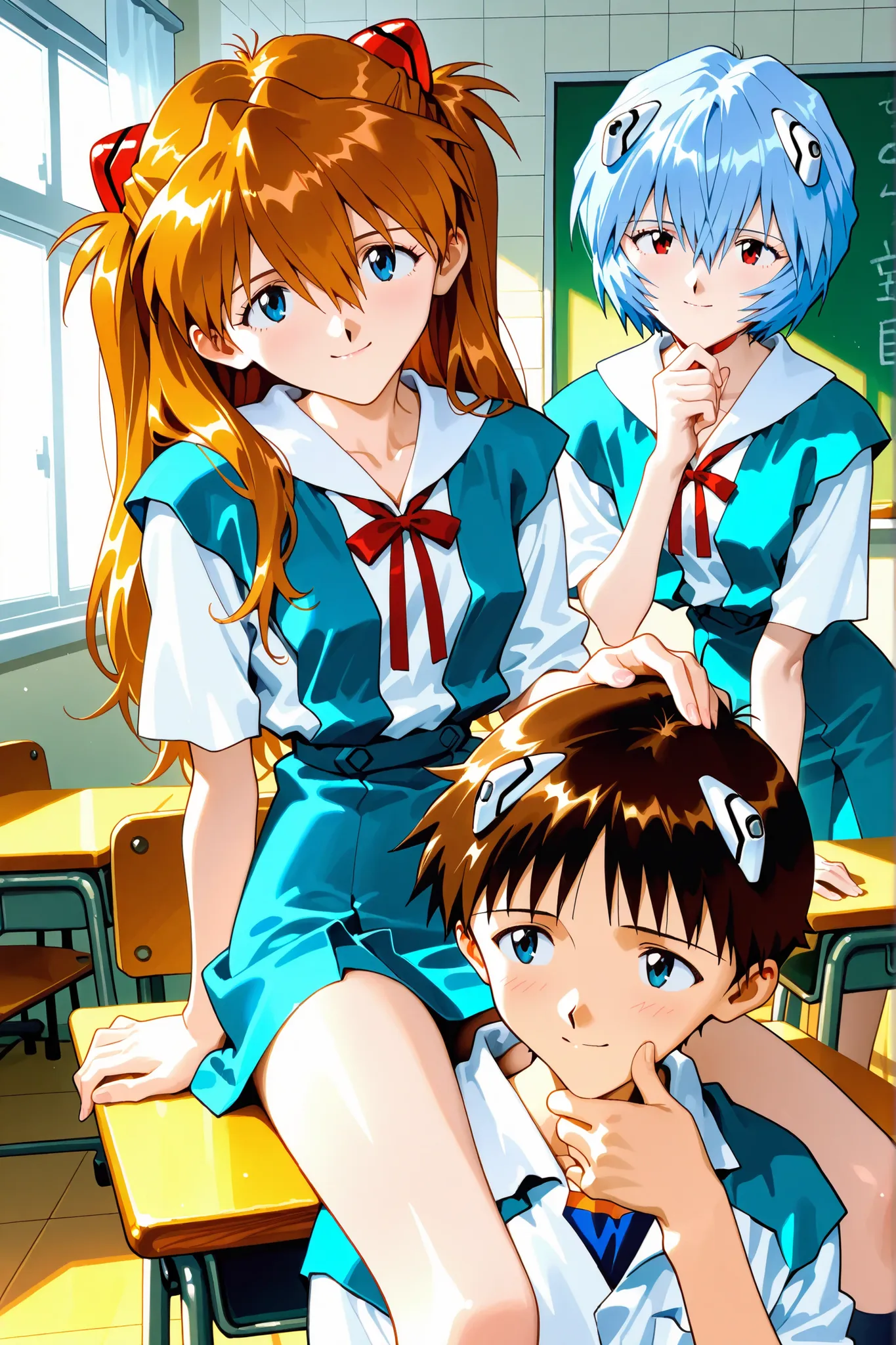 masterpiece,2girl,1boy,trio,
1girl,(Ayanami Rei,uniform,Sitting on a chair and watching a boy,attach your elbows to your desk,put your hand on your chin),
1boy,(Ikari Shinji ,uniform,riding on a boy's head),
1girl,(Aska Langley , long hair, Bangs, blue ey...