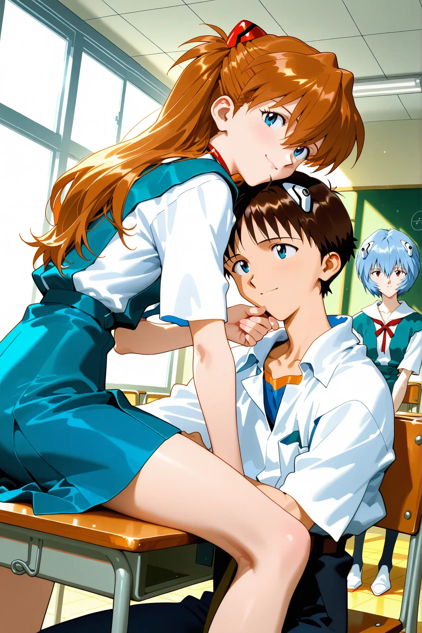masterpiece,2girl,1boy,trio,
1girl,(Ayanami Rei,uniform,Sitting on a chair and watching a boy,attach your elbows to your desk,put your hand on your chin),
1boy,(Ikari Shinji ,uniform,riding on a boy's head),
1girl,(Aska Langley , long hair, Bangs, blue ey...