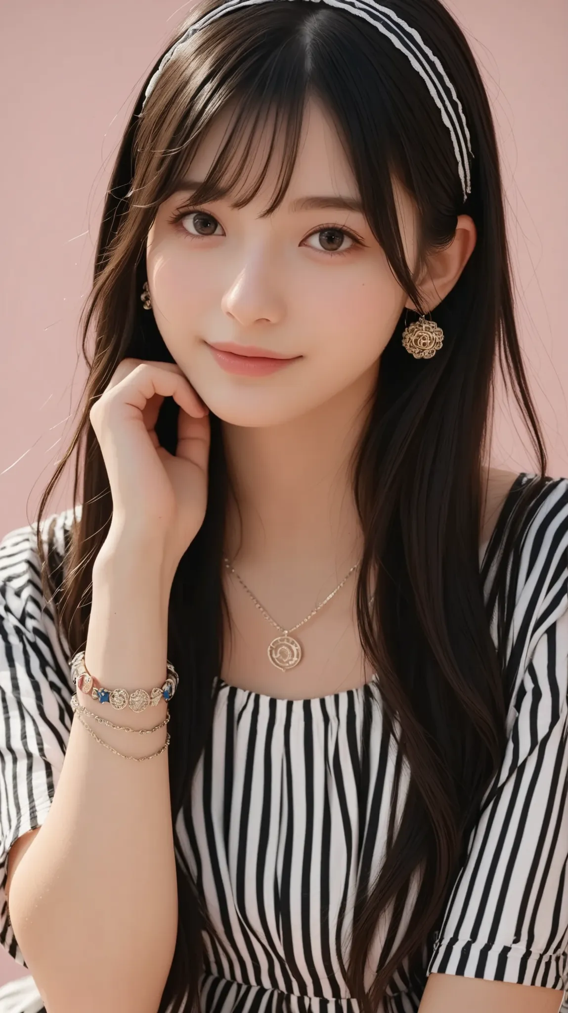 A cheerful Japanese woman with long straight black hair, smiled warmly while touching her chin gently. She wore a stylish dress Toska-colored idol sparkles with silver-frined vertical stripes and a short skirt. Accessories she wore included matching bracel...