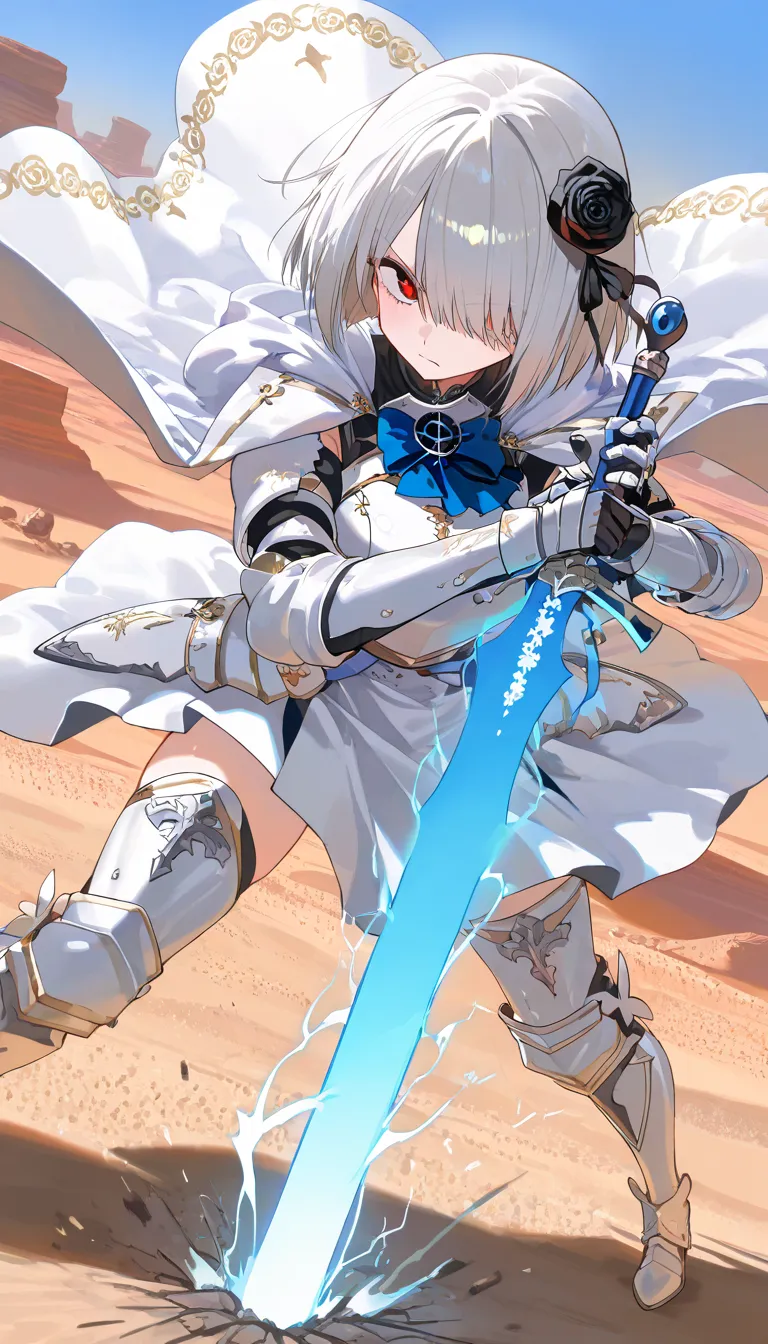 (beautiful girl : 1.3),1 girl,(White Armor,white cloak with blue embroidery,Black Rose Hair Ornament,thigh,boots), Silver Hair,bob cut,Hair Over One Eye,anger, abusive,has a sword, desert,Many swords stuck in the ground,Blue and White Aura from Sword,active,Dynamic Angle,masterpiece,Highest Quality,rich contrasts,high image quality,8k,High Definition CG Unit Wallpaper,texture,Incredibly Absurd, RAW photos ,Deep Boundaries 1 .2,Very Detailed