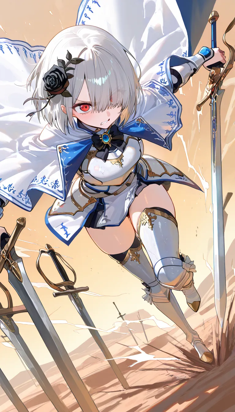 (beautiful girl : 1.3),1 girl,(White Armor,white cloak with blue embroidery,Black Rose Hair Ornament,thigh,boots), Silver Hair,bob cut,Hair Over One Eye,anger, abusive,has a sword, desert,Many swords stuck in the ground,Blue and White Aura from Sword,active,Dynamic Angle,masterpiece,Highest Quality,rich contrasts,high image quality,8k,High Definition CG Unit Wallpaper,texture,Incredibly Absurd, RAW photos ,Deep Boundaries 1 .2,Very Detailed