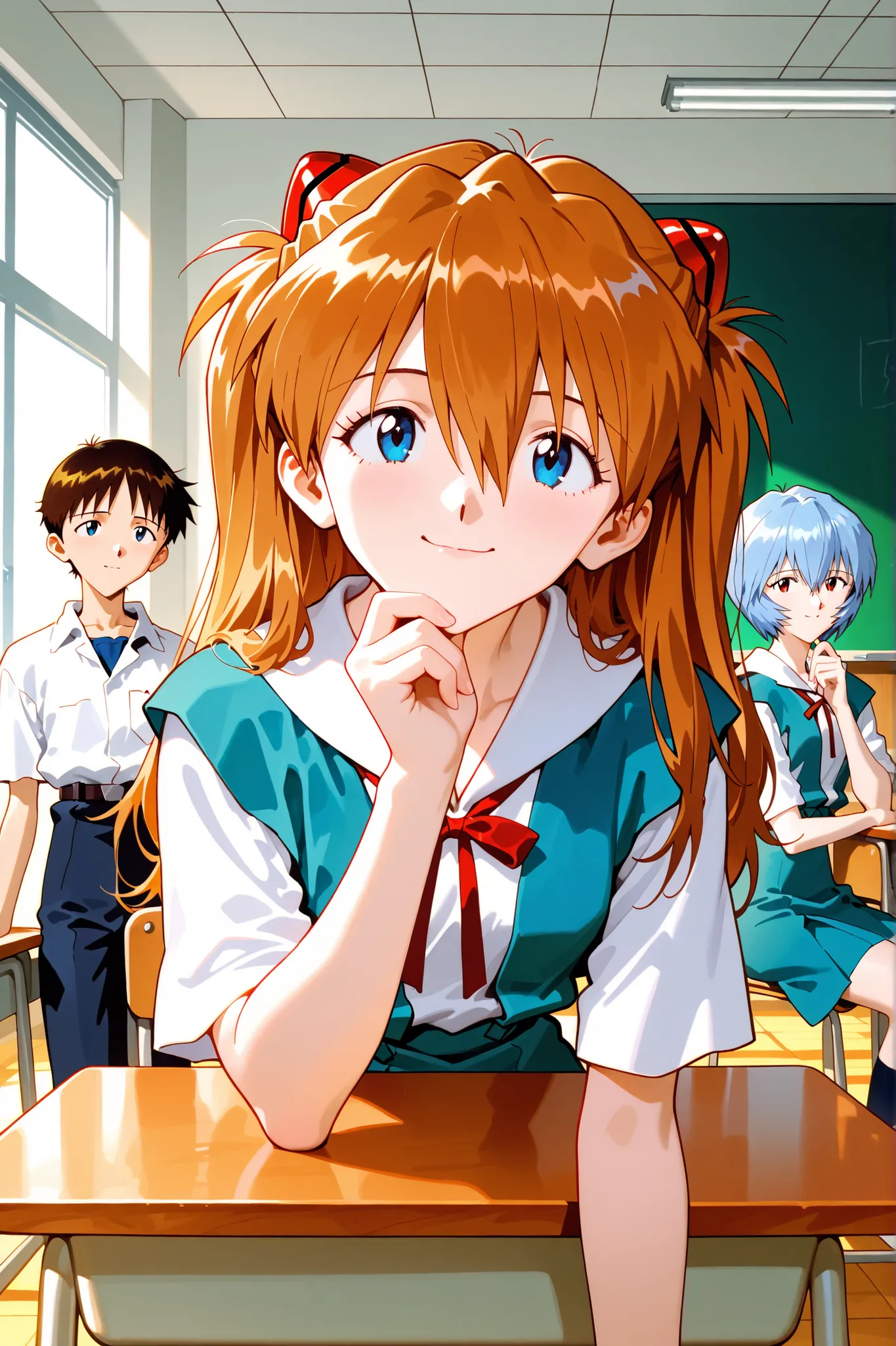 masterpiece,2girl,1boy,trio,
1girl,(Ayanami Rei,uniform,Sitting on a chair and watching a boy,attach your elbows to your desk,put your hand on your chin),
1boy,(Ikari Shinji ,uniform,riding on a boy's head), 
1girl,(Aska Langley , long hair, Bangs, blue ey...