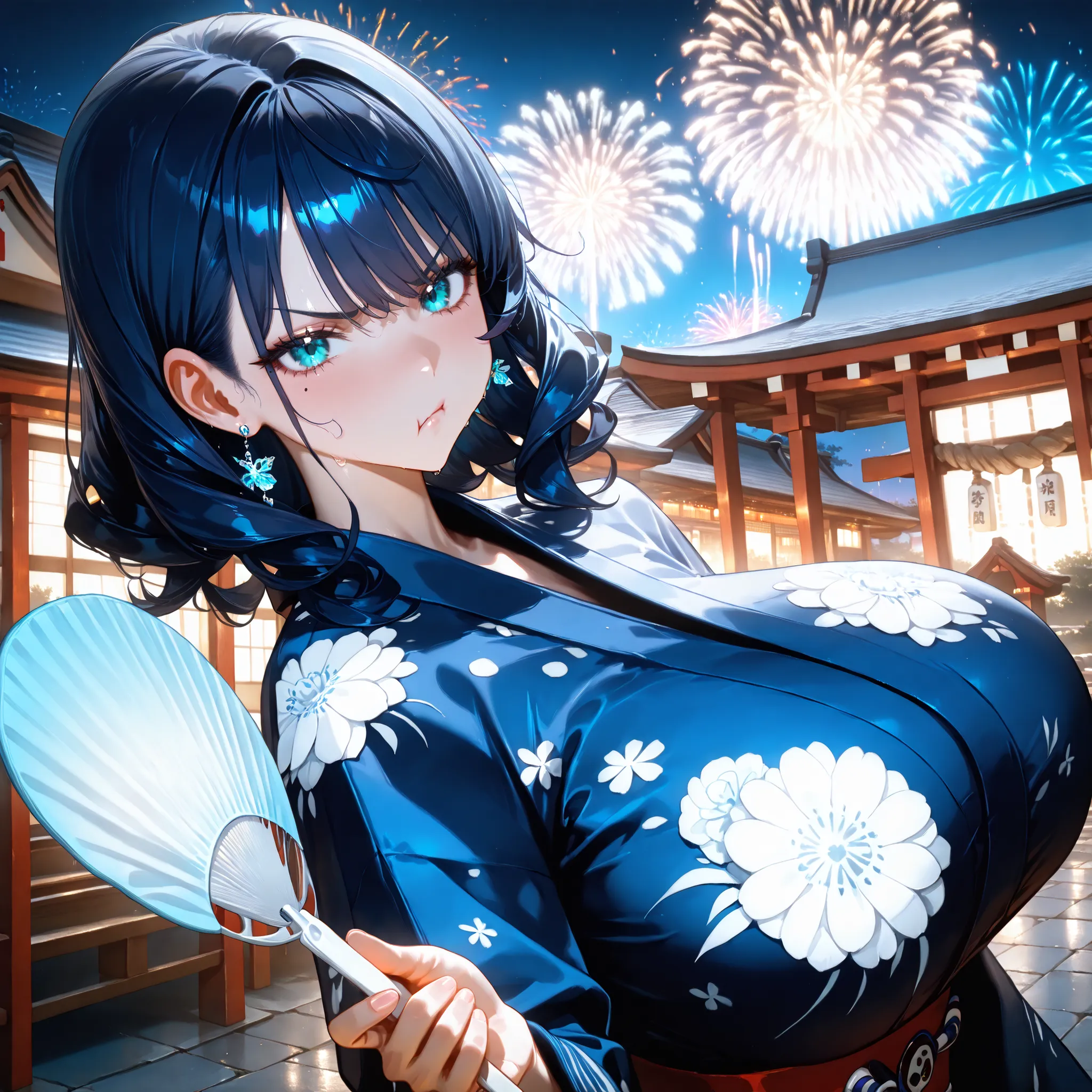 (SuperQuality:1.0) ~ (SuperQuality:1.2), detailxl, 1girl, High Resolution, Best Quality, High Details, Super Detailed, Earrings, Large Breast, Kimono, Japanese Shrine, Dark Blue Hair, Cyan Eyes, Glaring, Pouting, View From Above, Night, Holding a fan, Fire...