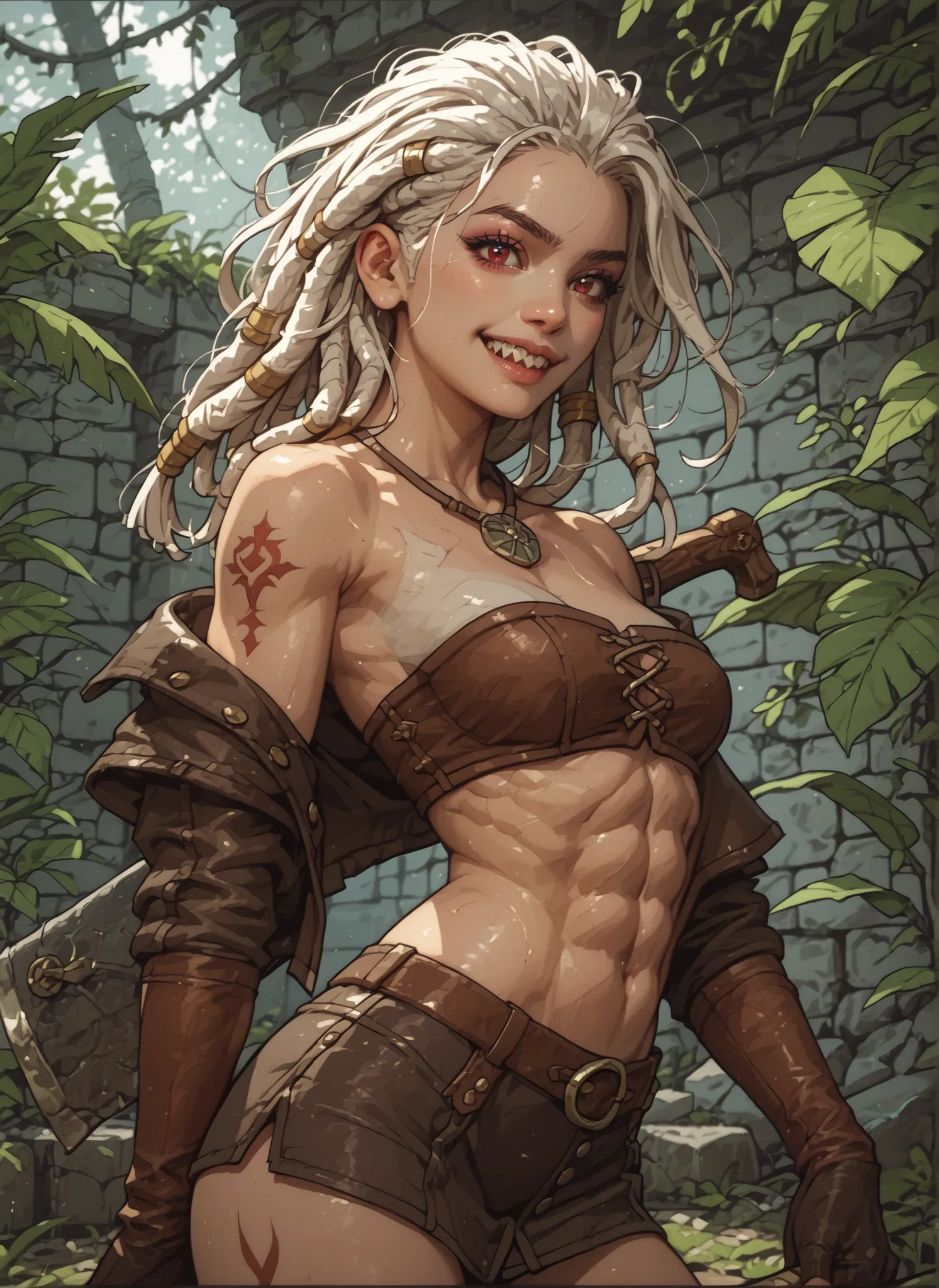 Slender body. White skin. Cute 18-year-old Asian girl with Asian red eyes and sharp teeth and dreadlocks with white highlights. She has a cute and beautiful face. She has a round and young face with a pointy chin. Her body is athletic with abs. She wears m...