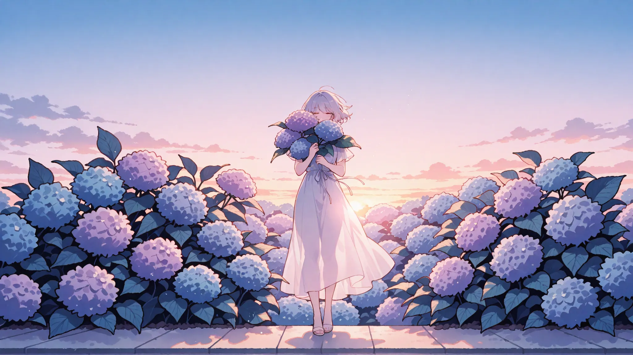 masterpiece,best quality,fullbody shot,front view,wide shot,Woman standing in front of hydrangea, Withered hydrangea,small hydrangea on palm,twilight,アニメ風、高精細