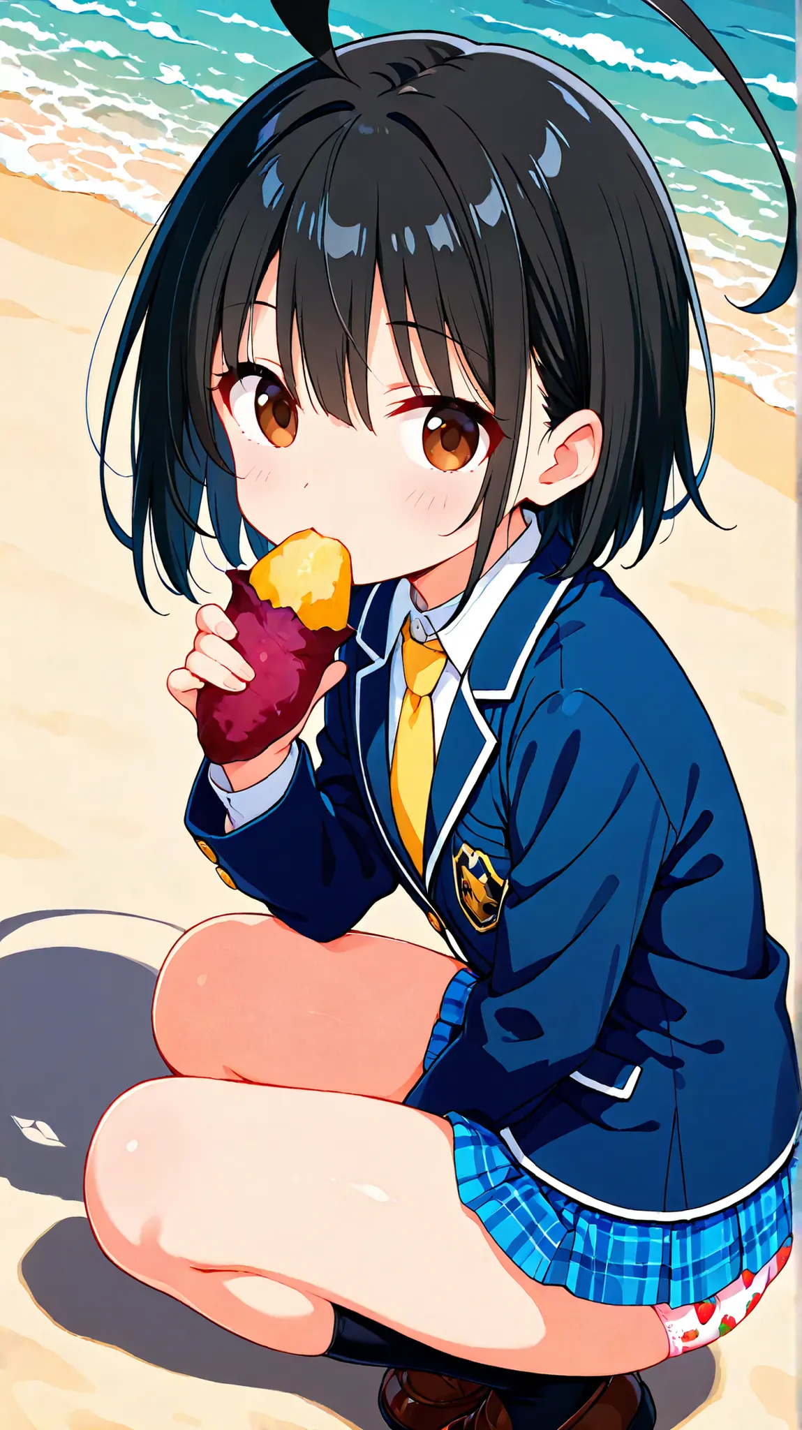 nsfw,((anime style)),score_9, score_8_up, score_7_up,masterpiece, best quality,ultra detail,(((beach))),huge ahoge, negishi masako , 1woman, ((((solo)))),short hair,black hair ,long bangs,brown eyes,(Flat Chest),school uniform,(((blue blazer))),light blue ...