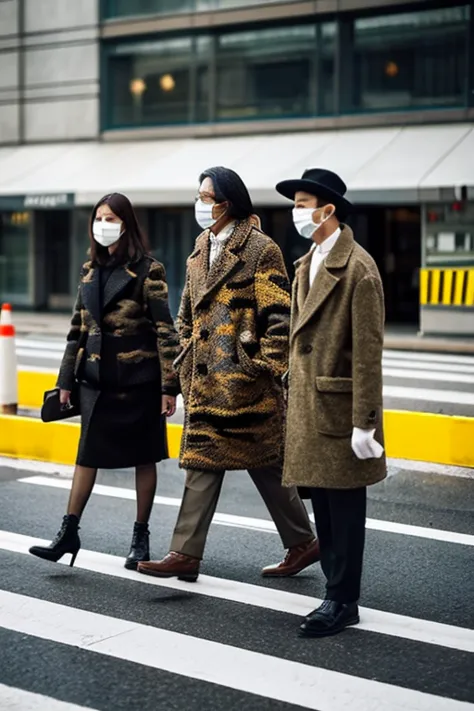 Highest Quality , masterpiece ,Three people wearing camouflage suits are crossing the pedestrian crossing