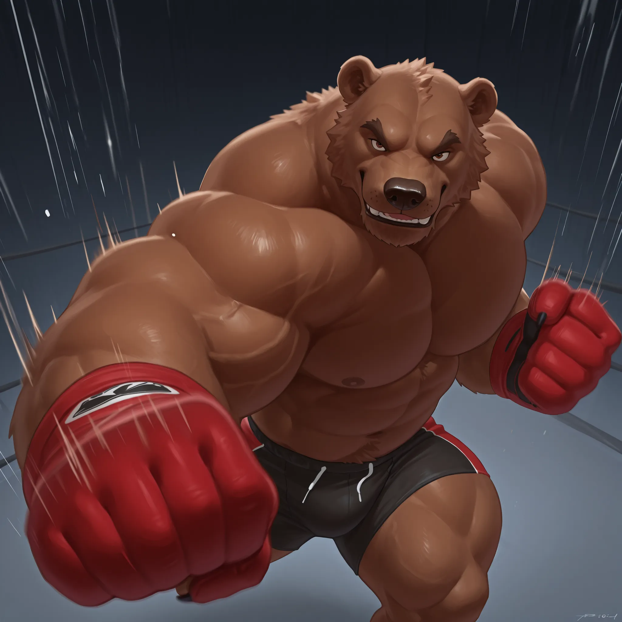 zPDXL3, pov_MMA UFC, mercilessly punching_the_viewer, motion blur, UFC MMA gloves with red knuckle pads, black MMA trunks with red line slits, extreme perspective, extreme overweighted swole big muscles, full swole big body, action shot, UFC MMA, dynamic p...