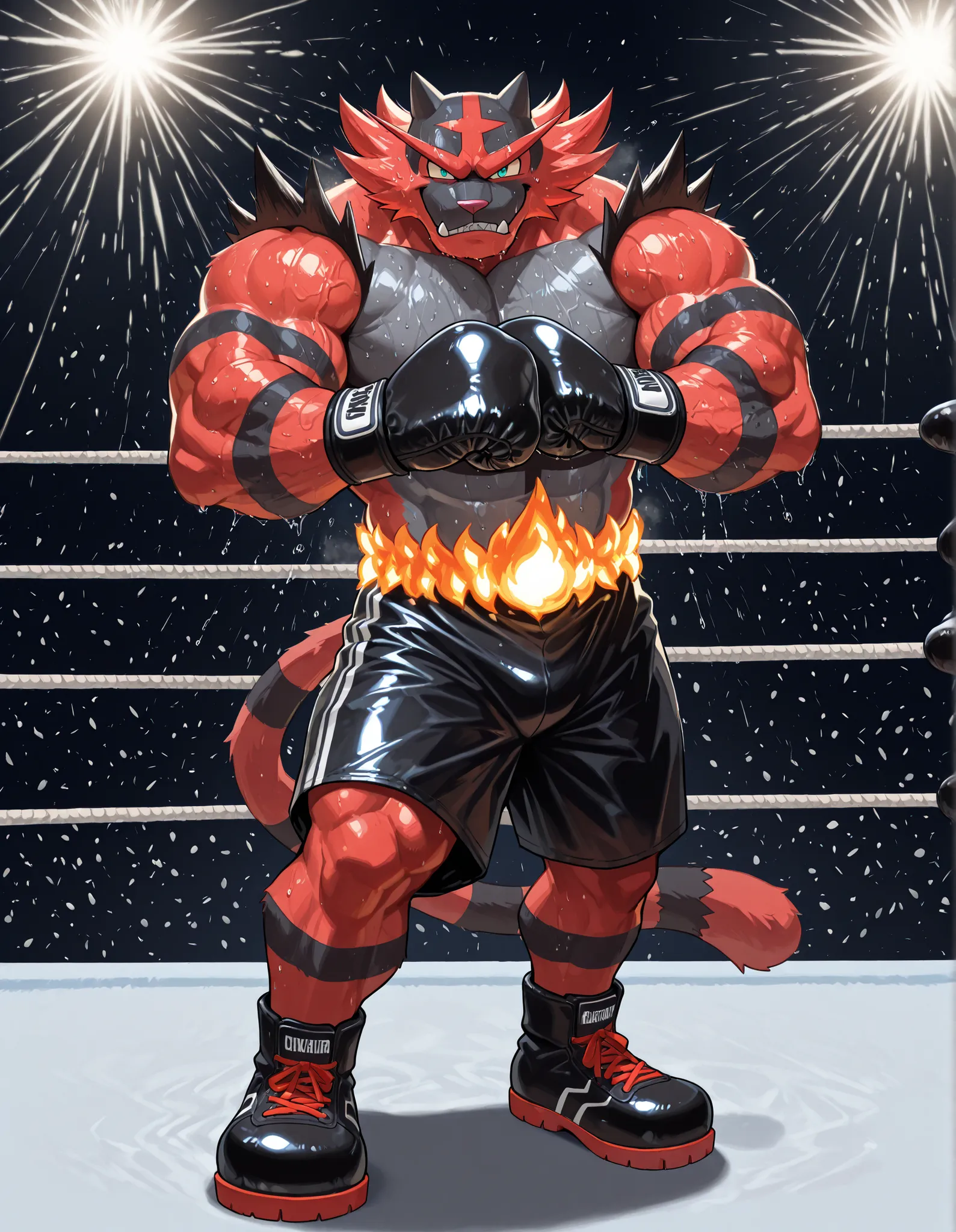 Incineroar, anthro male, high quality, full body, looking at viewer, solo, boxing ring background, black boxing gloves, thick very veiny arms, very muscular, black boxing shorts, black boxing shoes, heavyweight boxing champion, glistening fur, sweaty, brut...