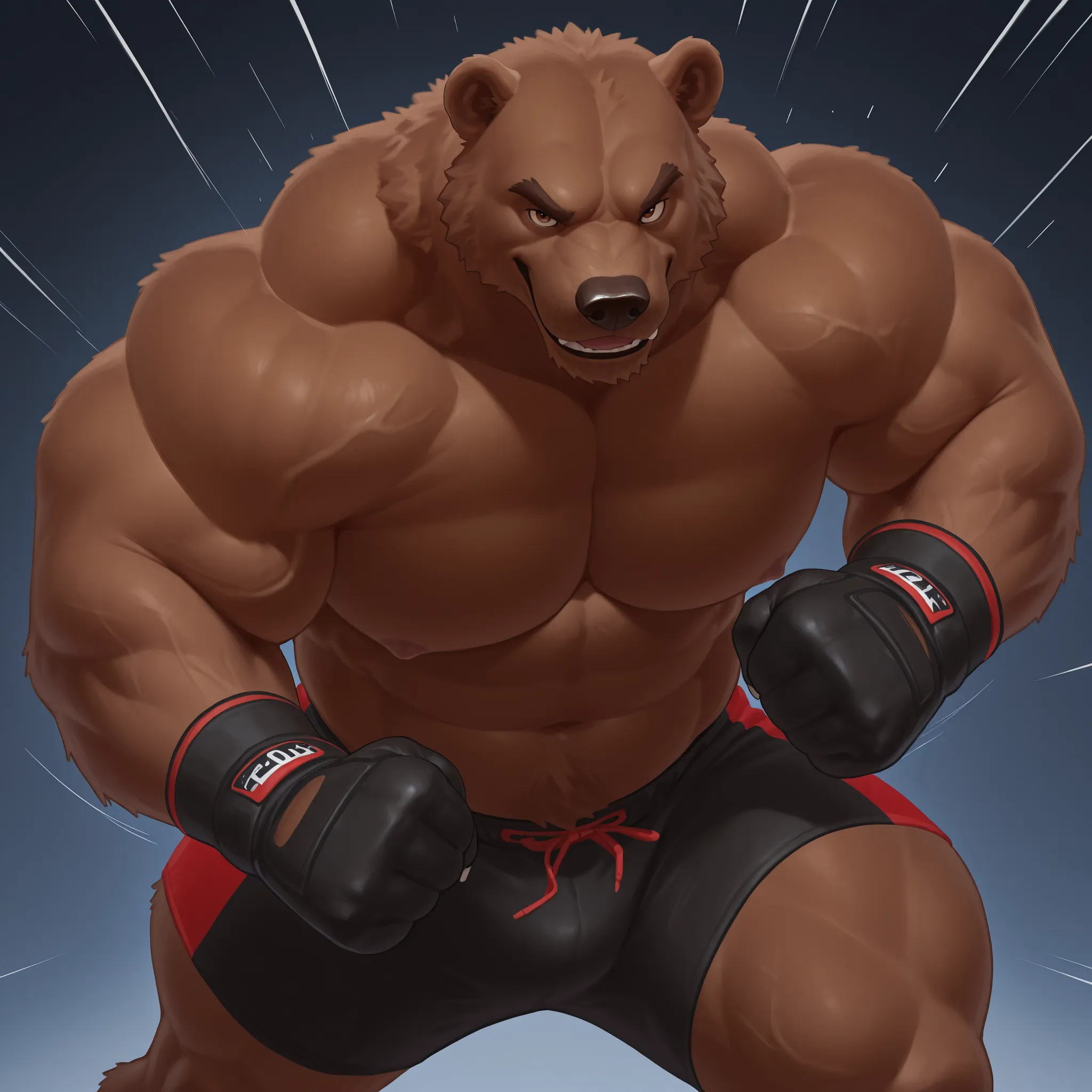 zPDXL3, pov_MMA UFC, mercilessly punching_the_viewer, motion blur, UFC MMA gloves with knuckle pads, black MMA trunks with red line slits, extreme perspective, extreme overweighted swole big muscles, full swole big body, action shot, UFC MMA, dynamic pose,...