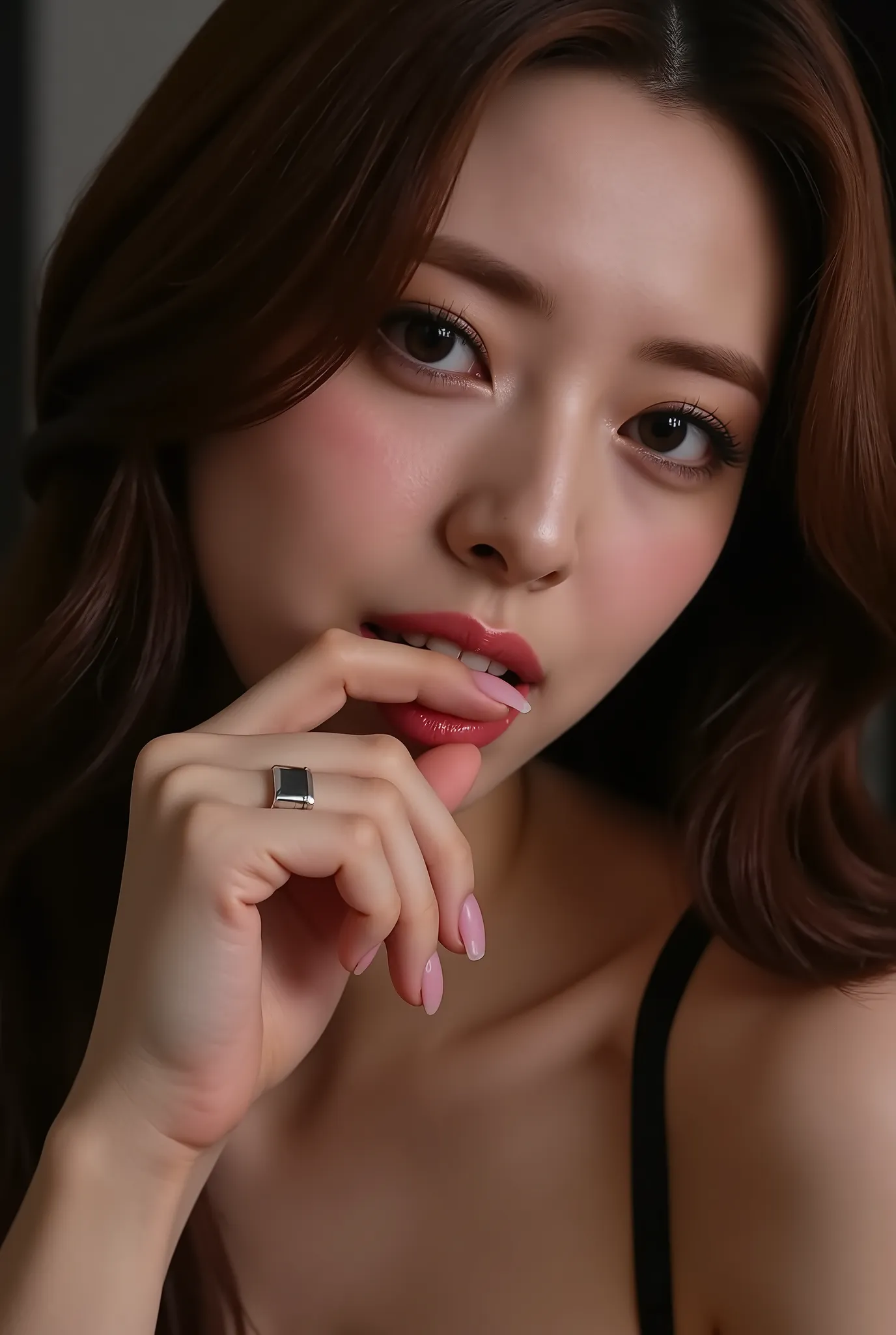 biting finger, sexy expression, Volumetric Lighting, Stunning babe with perfect slender body, dressed in sheer fabric intimate dress, parted lips, shiny pink glossy lipstick. light depth, dramatic atmospheric lighting,sexy expression,with perfect slender b...