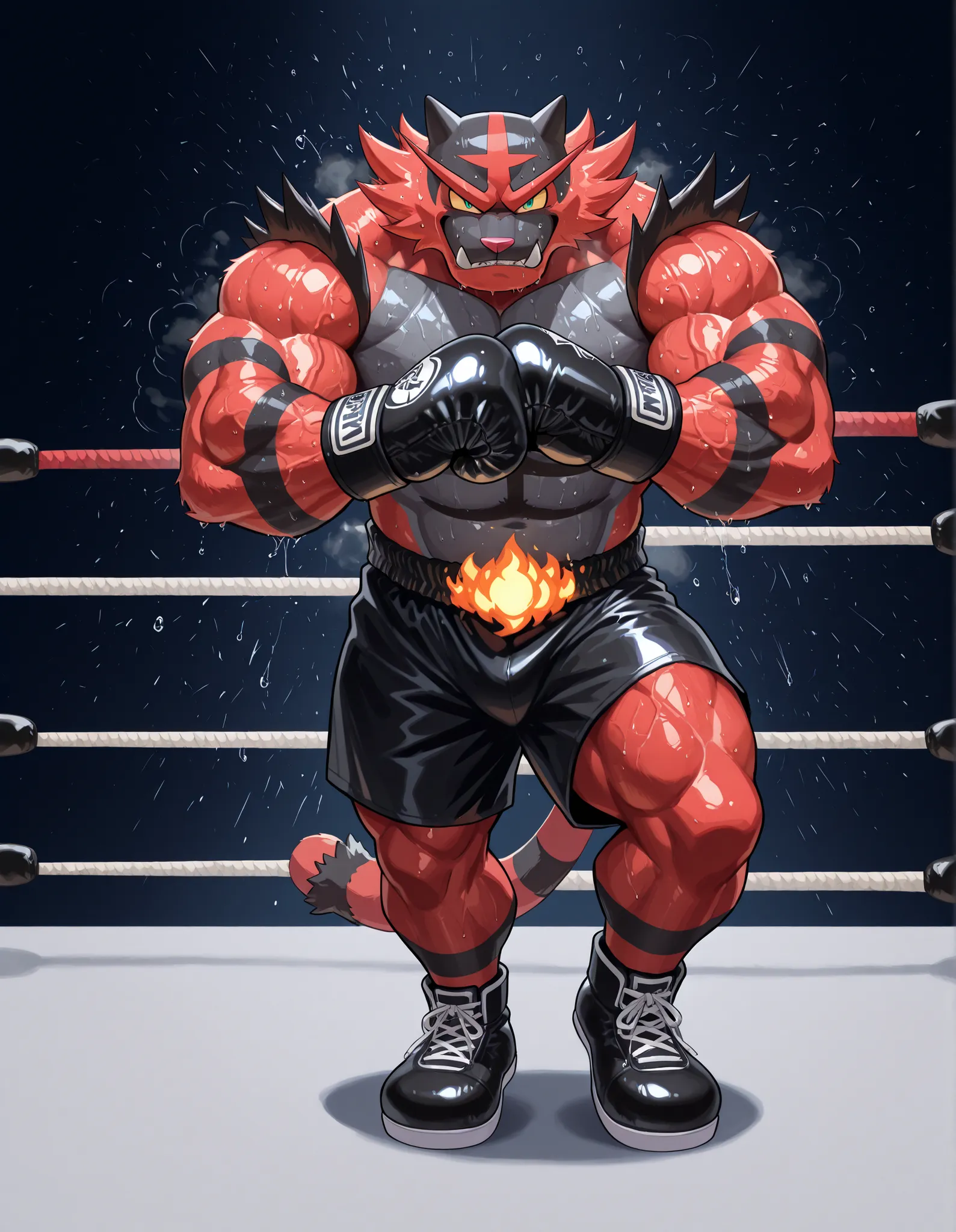 Incineroar, anthro male, high quality, full body, looking at viewer, solo, boxing ring background, black boxing gloves, thick very veiny arms, very muscular, black boxing shorts, black boxing shoes, heavyweight boxing champion, glistening fur, sweaty, brut...