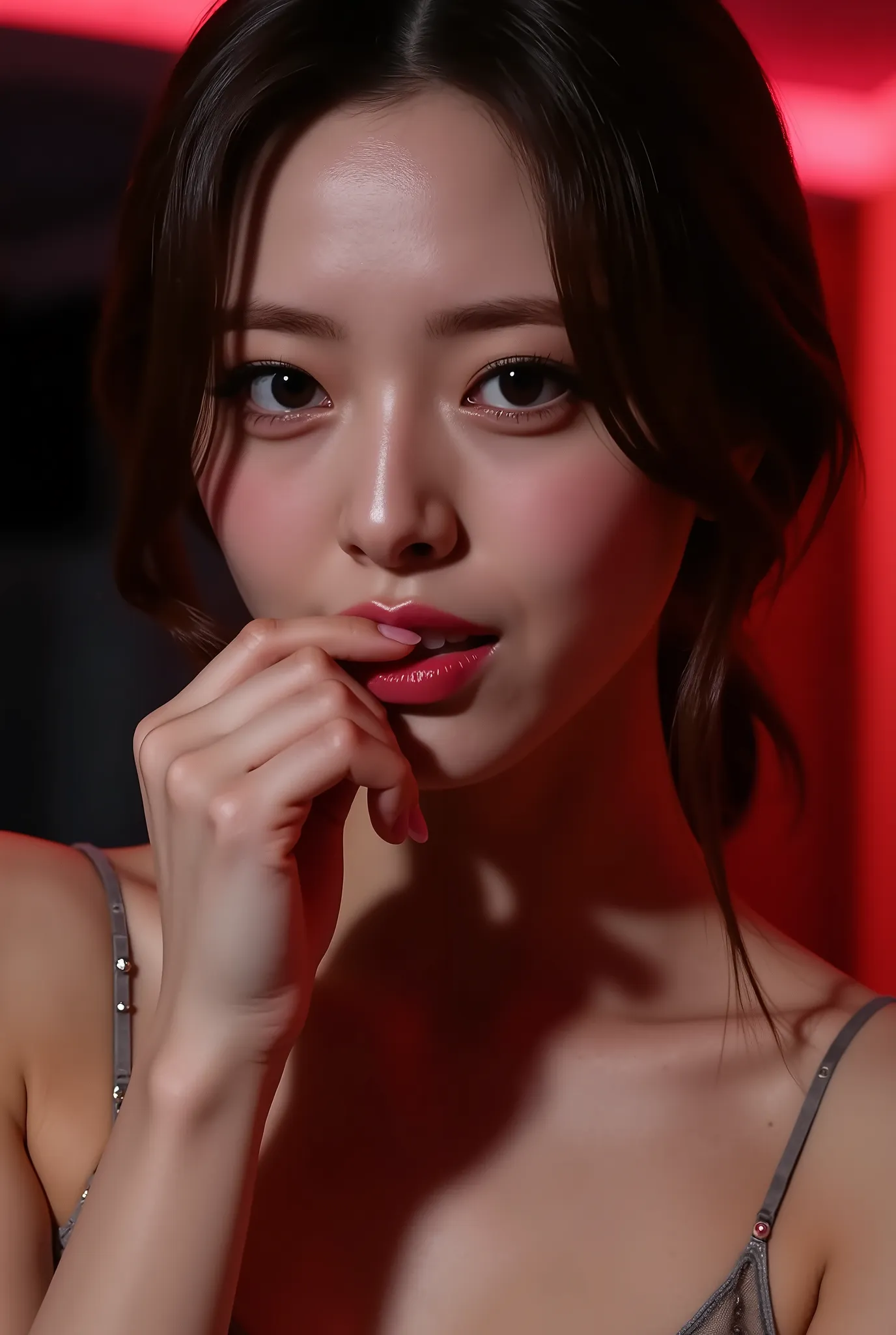 biting finger, sexy expression, Volumetric Lighting, Stunning babe with perfect slender body, dressed in sheer fabric intimate dress, parted lips, shiny pink glossy lipstick. light depth, dramatic atmospheric lighting,sexy expression,with perfect slender b...