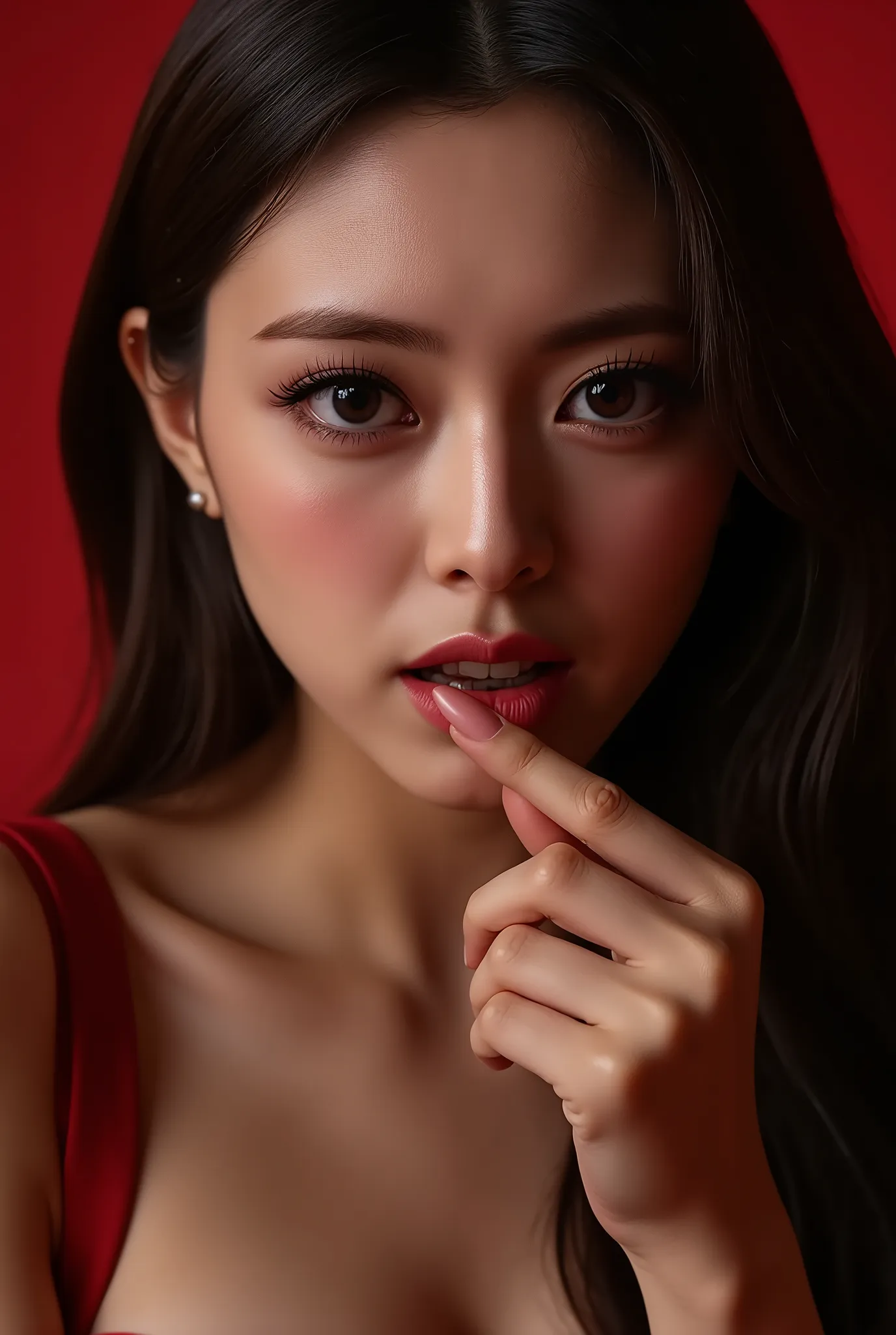 biting finger, sexy expression, Volumetric Lighting, Stunning babe with perfect slender body, dressed in sheer fabric intimate dress, parted lips, shiny pink glossy lipstick. light depth, dramatic atmospheric lighting,sexy expression,with perfect slender b...