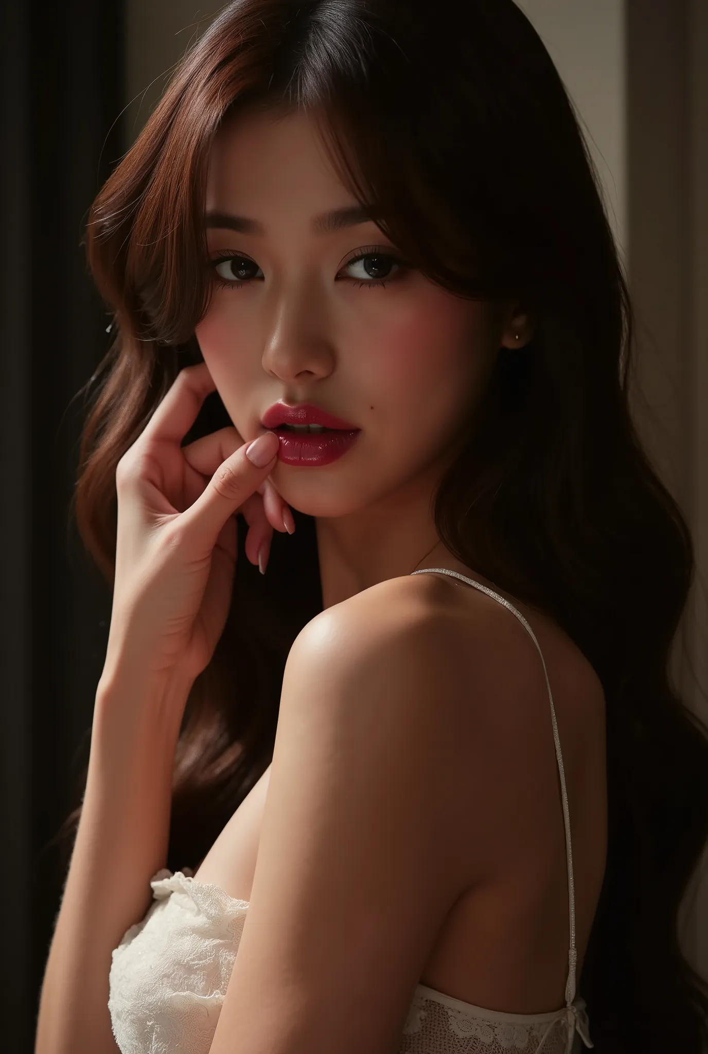 biting finger, sexy expression, Volumetric Lighting, Stunning babe with perfect slender body, dressed in sheer fabric intimate dress, parted lips, shiny pink glossy lipstick. light depth, dramatic atmospheric lighting,sexy expression,with perfect slender b...