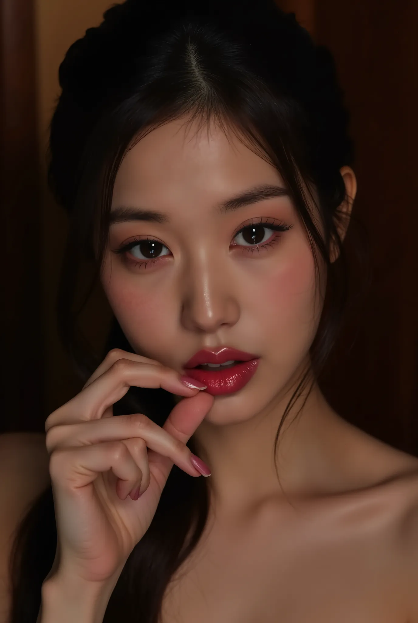 biting finger, sexy expression, Volumetric Lighting, Stunning babe with perfect slender body, dressed in sheer fabric intimate dress, parted lips, shiny pink glossy lipstick. light depth, dramatic atmospheric lighting,sexy expression,with perfect slender b...