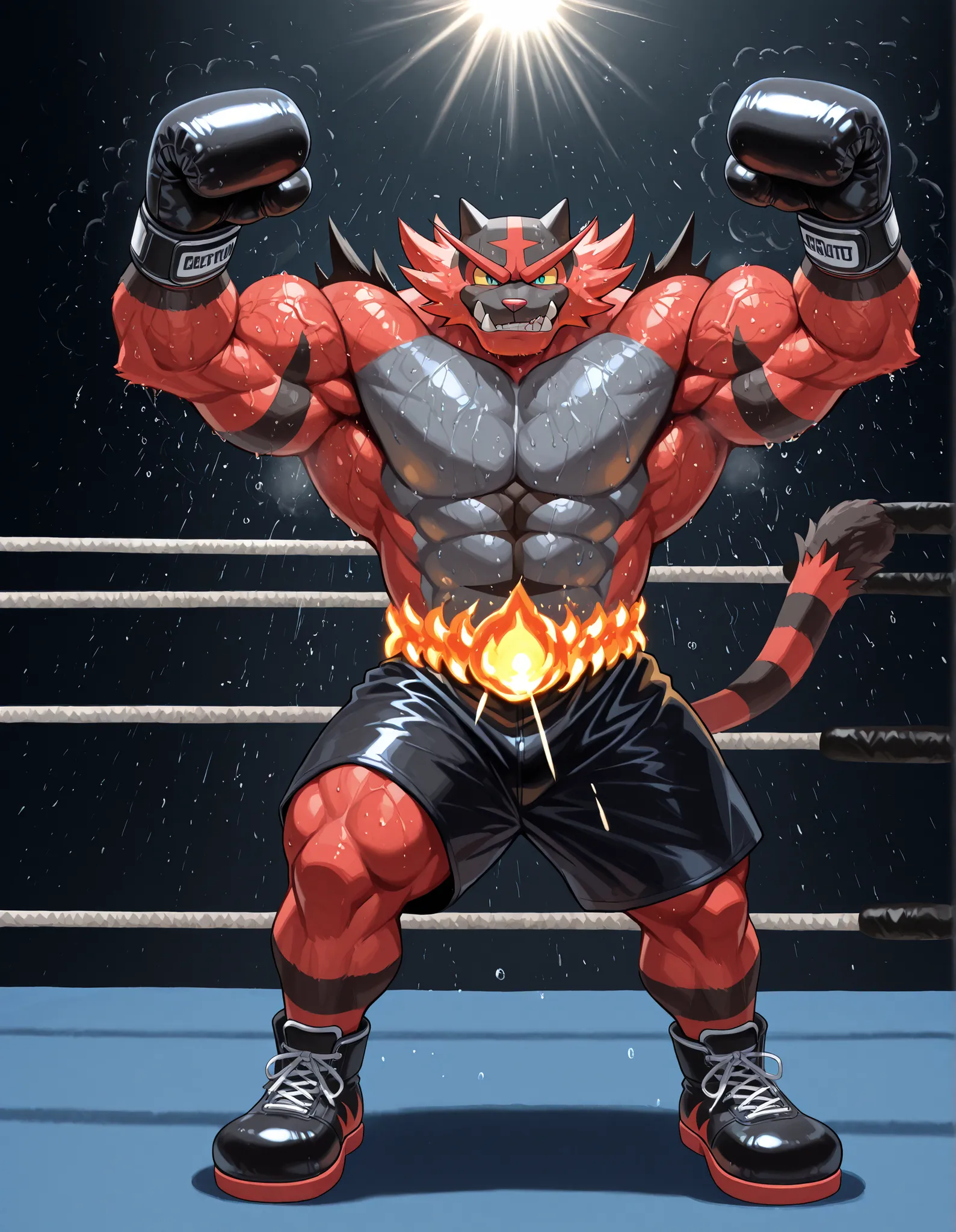 Incineroar, anthro male, high quality, full body, looking at viewer, solo, boxing ring background, black boxing gloves, thick very veiny arms, very muscular, black boxing shorts, black boxing shoes, heavyweight boxing champion, glistening fur, sweaty, brut...