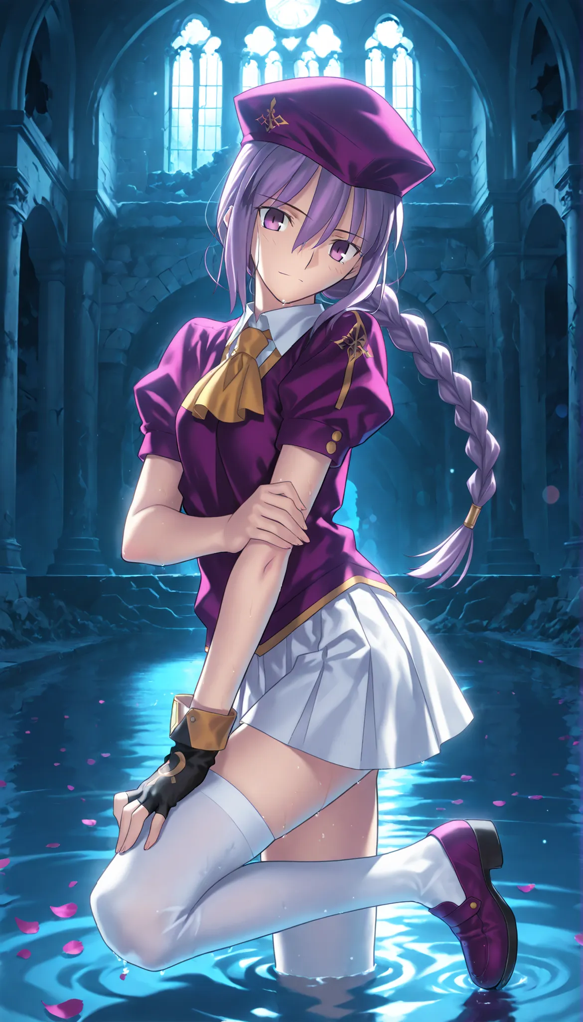 masterpiece, , absurdres, highres, detailed background, high resolution, masterpiece, necessary, detail, best quality, quality, necessary, details, High details, Precise, dark, indoors, ( Standing in water reflecting galaxies , Background: Welsh Castle rui...