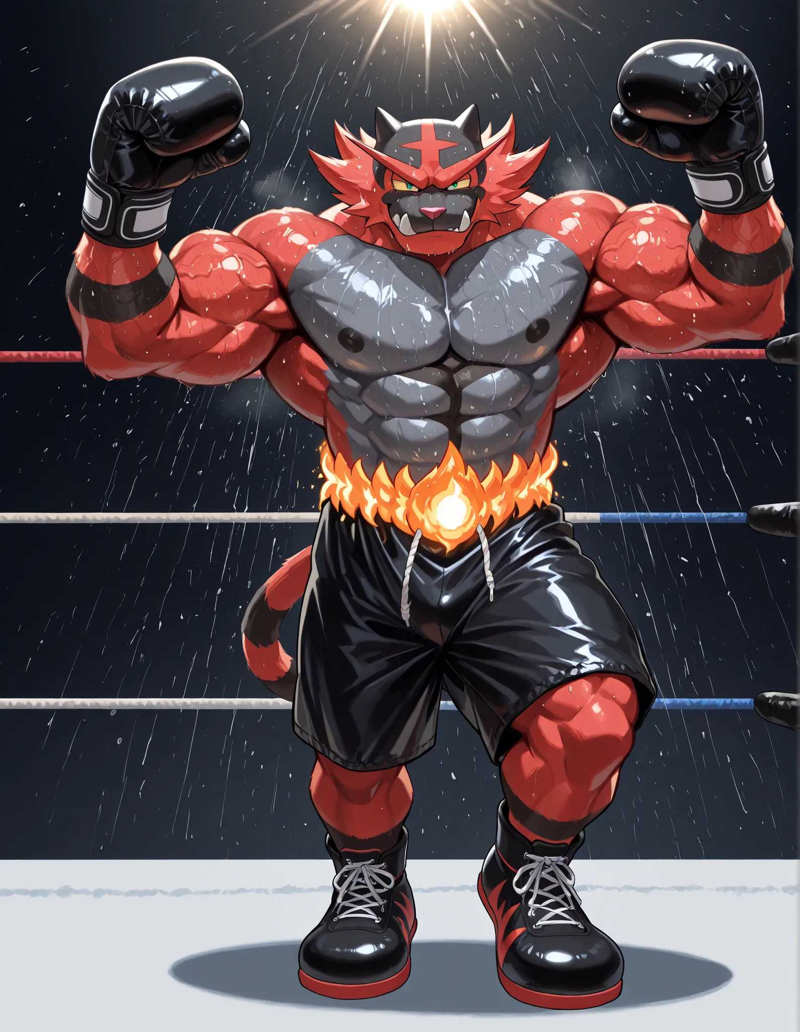 Incineroar, anthro male, high quality, full body, looking at viewer, solo, boxing ring background, black boxing gloves, thick very veiny arms, very muscular, black boxing shorts, black boxing shoes, heavyweight boxing champion, glistening fur, sweaty, brut...