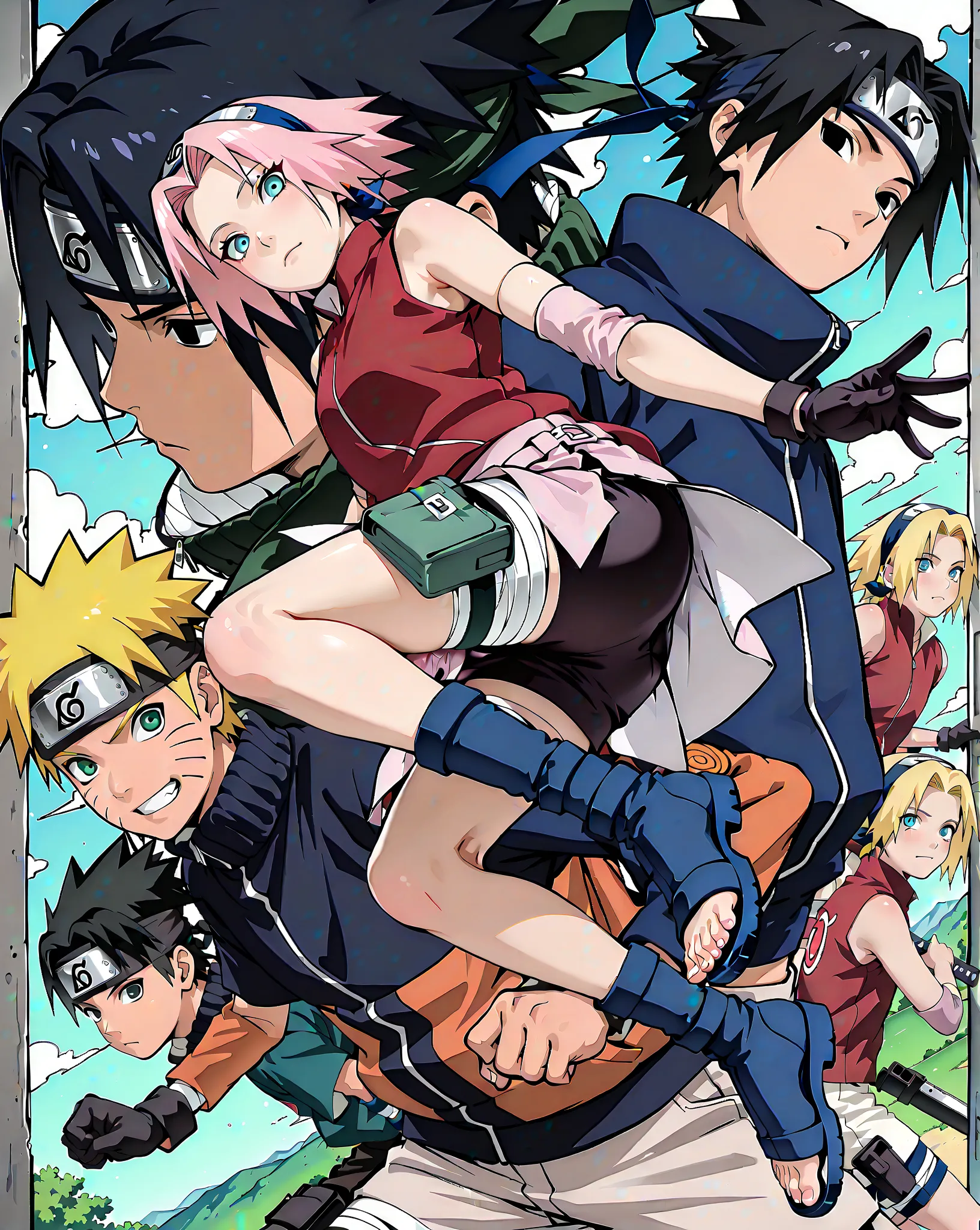 masterpiece, best quality, insanely detailed、(((3人)))、(((3人組のみ)))、(((3人組)))、3人組(Uchiha Sasuke:Naruto Uzumaki:Sakura Haruno)、(Uchiha Sasuke:black eyes, black hair, short hair, spiked hair, parted bangs, forehead protector, high collar, blue shirt, short sleeves, detached sleeves, white shorts, blue footwear, legs bandages, toeless footwear)、(Naruto Uzumaki:cute anime boy, kawaii anime boy, naruto uzumaki, male focus, ager, short hair, blonde hair, blue eyes, facial mark, whisker markings, cute face、orange and black jumpsuit, weapons pouch on left leg, black sandals)、(Sakura Haruno:haruno sakura, pink hair, short, hair, green eyes, forehead protector、sleeveless,forehead protector,hairband, black_gloves, bare_shoulders, red_shirt, konohagakure symbol,short hair、black shorts)、静かな湖、静かな森林、夜明け、遠景、dynamic pose、action pose、dynamic angle、tilted angle、side view、low-angle shot, 30 degrees, detailed、wide-angle shot, distant shot, 