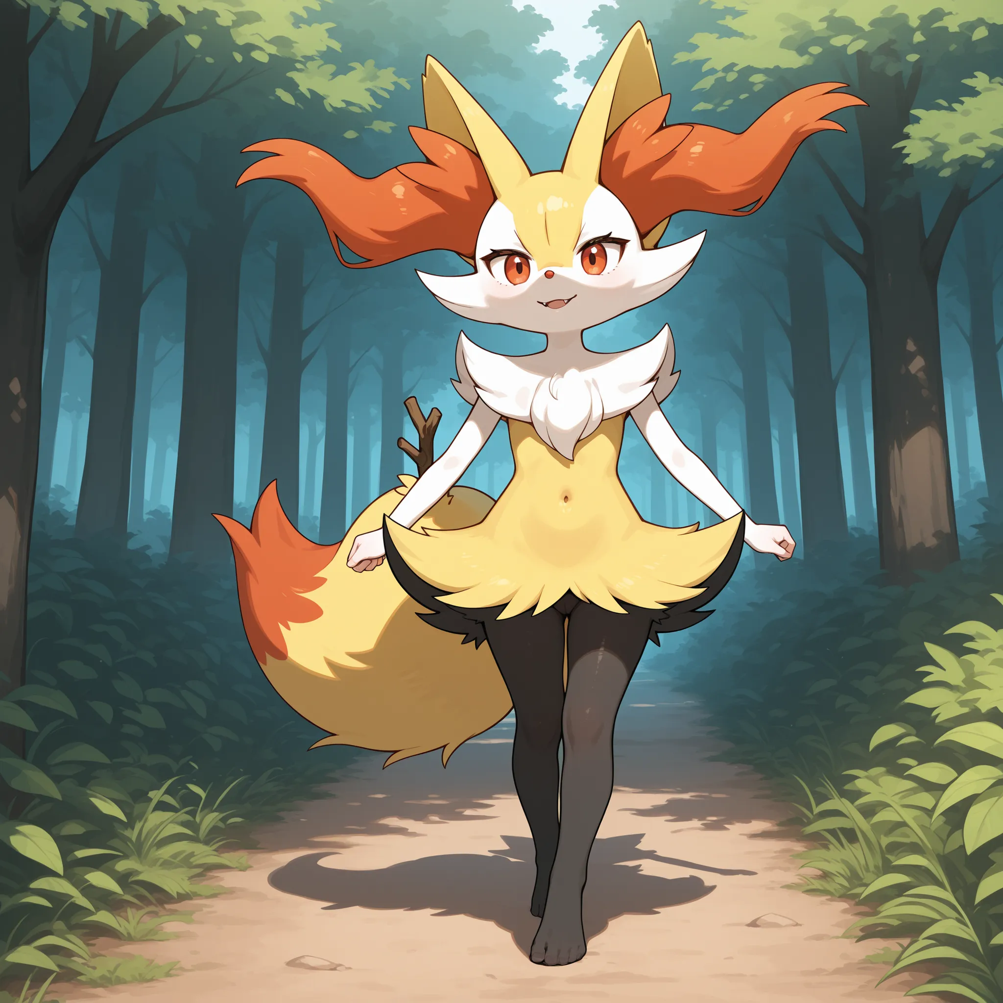 A hairy female Braixen who is walking along a forest trail. Anthropomorphic. Sorriso.