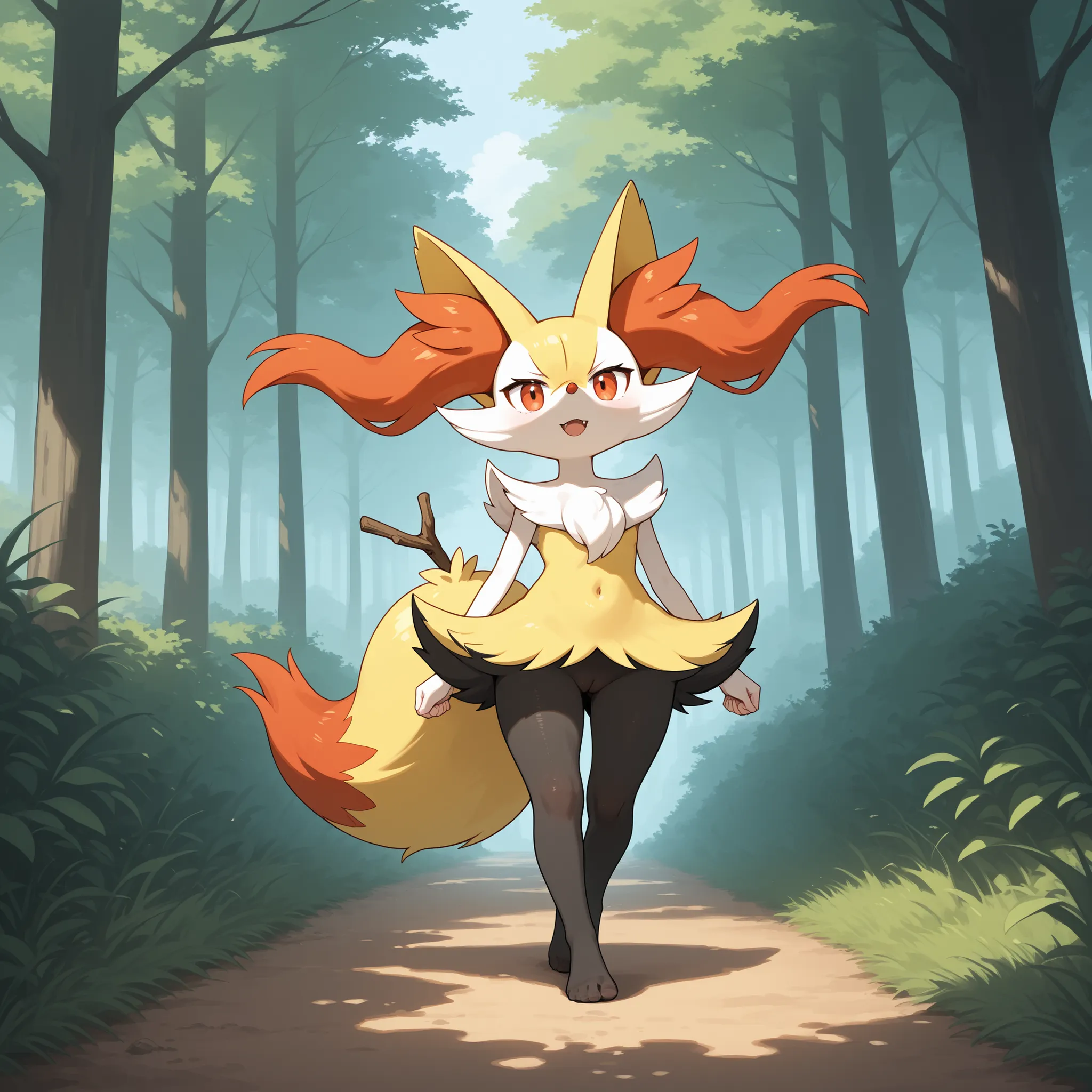 A hairy female Braixen who is walking along a forest trail. Anthropomorphic. Sorriso.