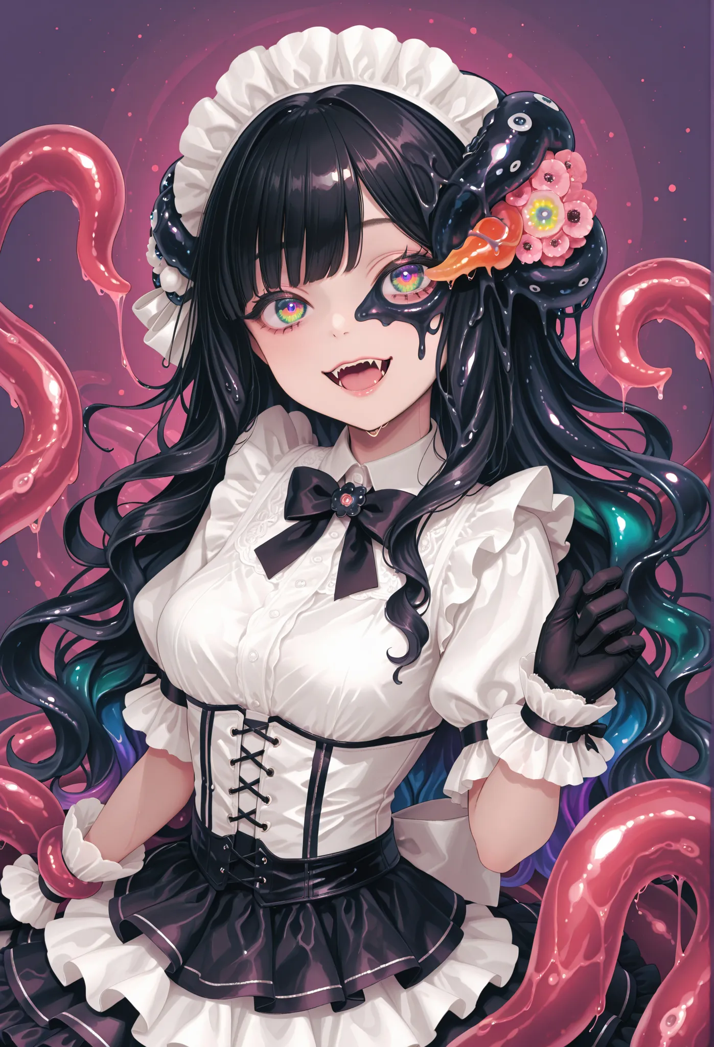 Monster girl. Black hair. Long hair. Wavy hair. Big eyes. Rainbow pupils. White blouse. Corset. Ruffled skirt. Black gloves. Slime tentacles. Black slime. Hair monster. Mouth on head. Sea-anemone on head. Fangs growing from its hair.