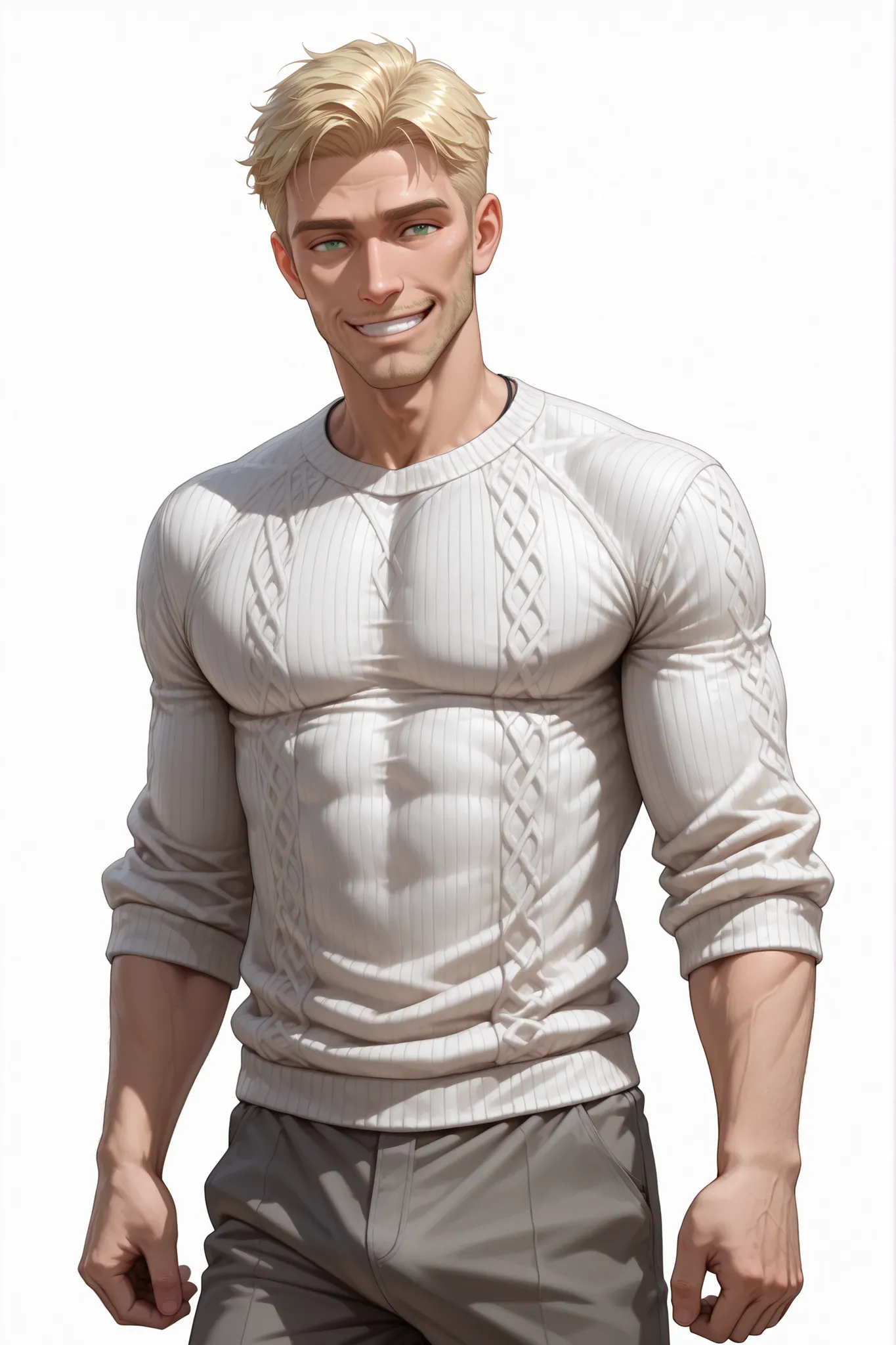 1man, aging lines, (short hair), side-swept hair, sandy-blonde hair with gray temples, bright green eyes. Tall, fit build with broad shoulders. Sweater with rolled-up sleeves, trousers. (calm, smiling, fatherly expression). White background. (Masterpiece),...