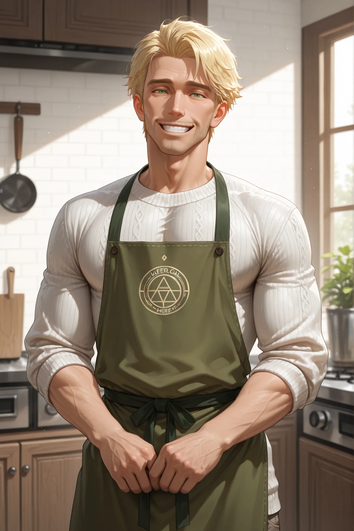 1man, aging lines, (short hair), side-swept hair, sandy-blonde hair with gray temples, bright green eyes. Tall, fit build with broad shoulders. Sweater with rolled-up sleeves, trousers, apron. (calm, smiling, fatherly expression). Home, kitchen. (Masterpie...