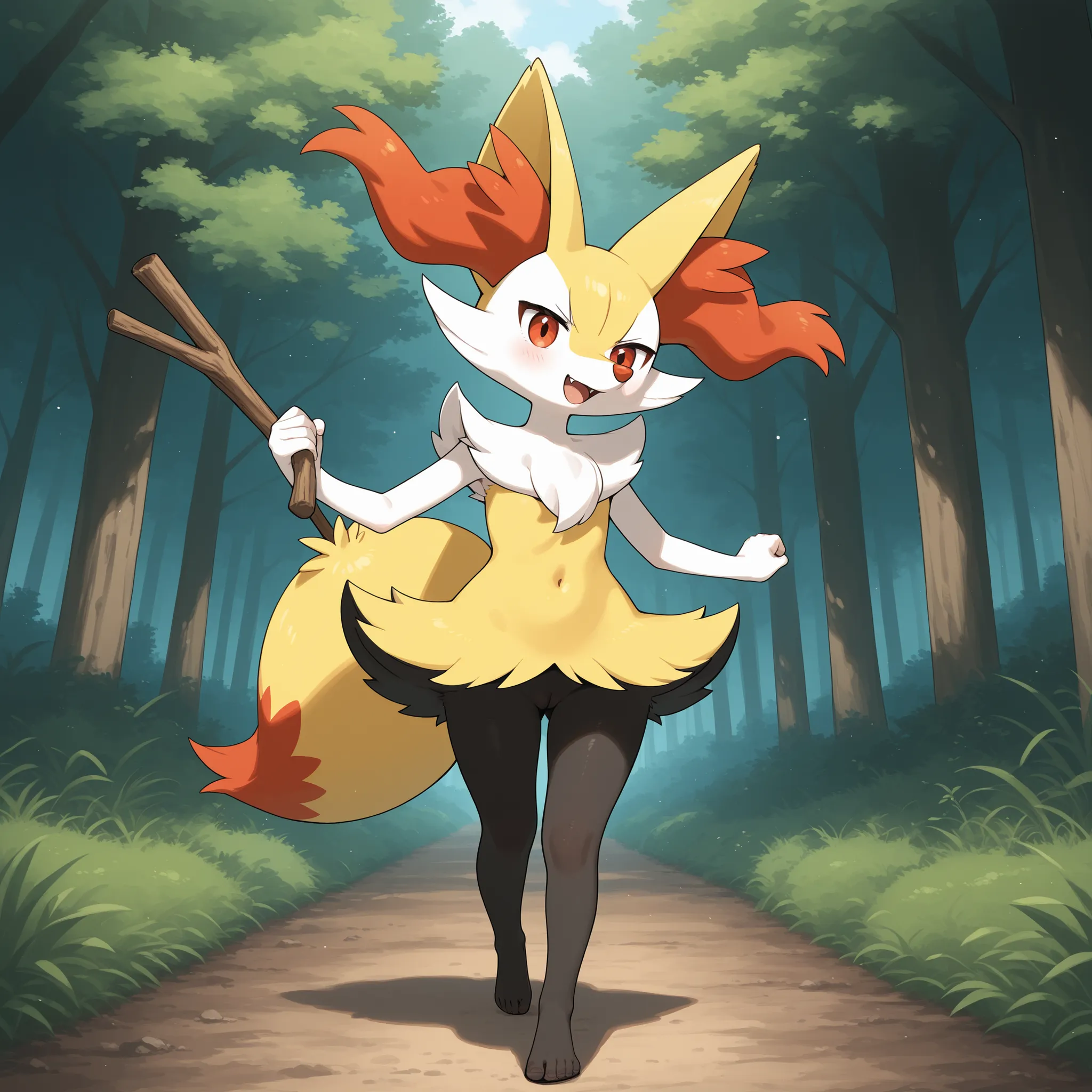 A hairy female Braixen who is walking along a forest trail. Anthropomorphic. Sorriso. Fofa.