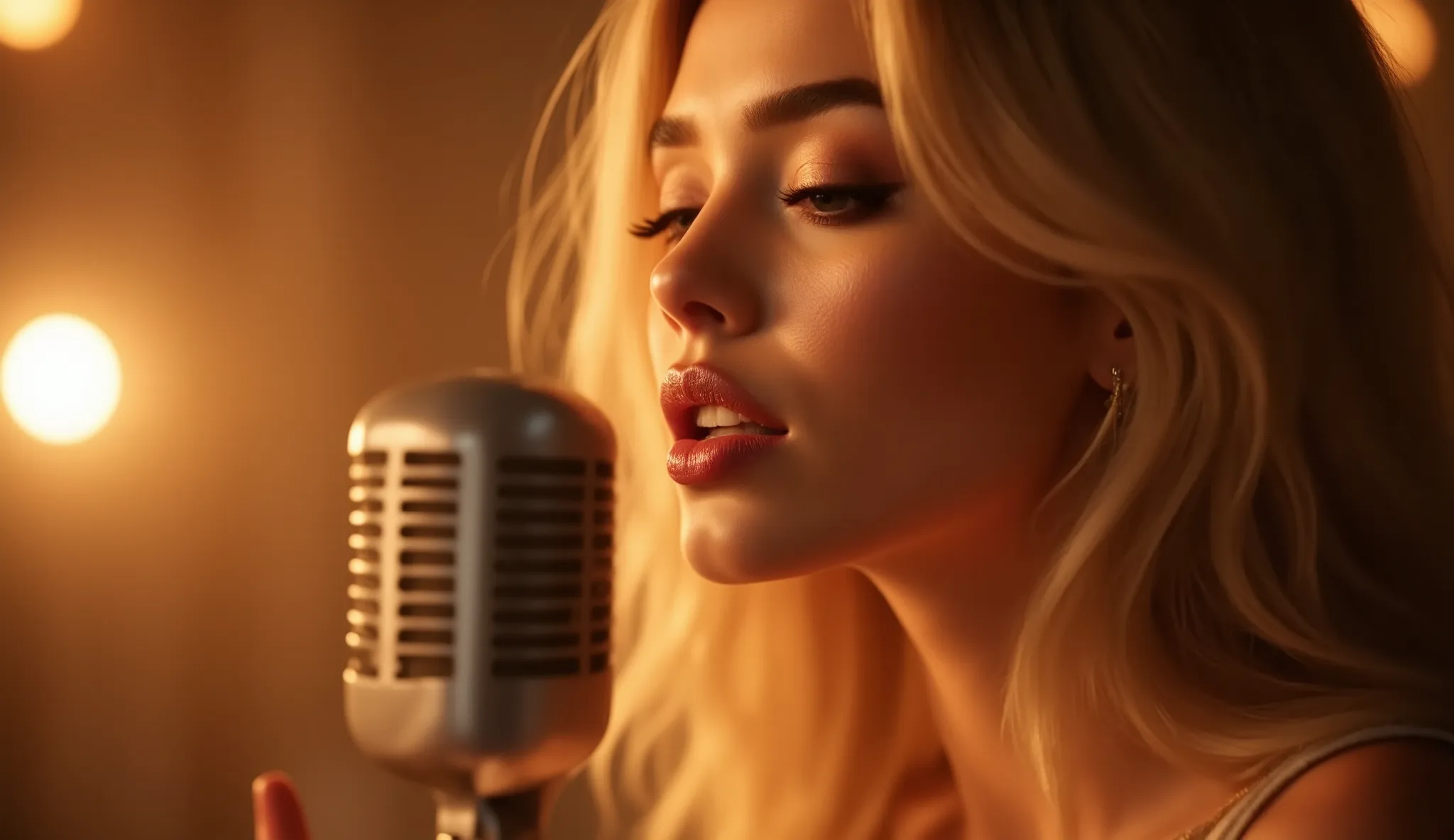 A slightly zoomed-out portrait of a beautiful woman with Barbie-like features, positioned on the right side of the frame, singing into a white and silver microphone. She has a calm and heartfelt expression, with soft makeup and flowing hair, exuding elegan...
