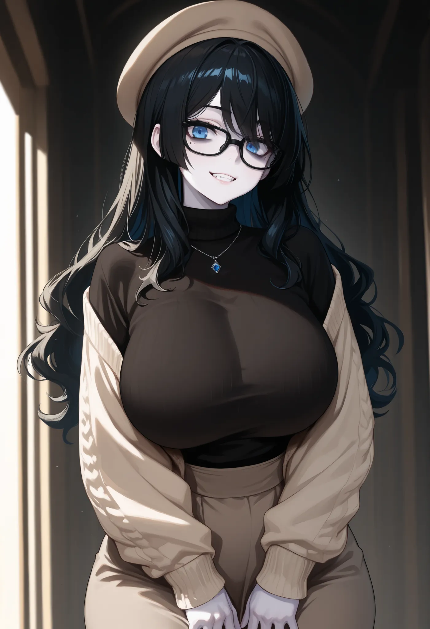 A breathtaking 8k masterpiece of a young anime woman with long, slightly wavy black hair cascading over pale skin, blue eyes, a mole delicately placed under her left eye. Subtle hints of thick thighs are visible beneath a flowing long skirt. Pointed canine...