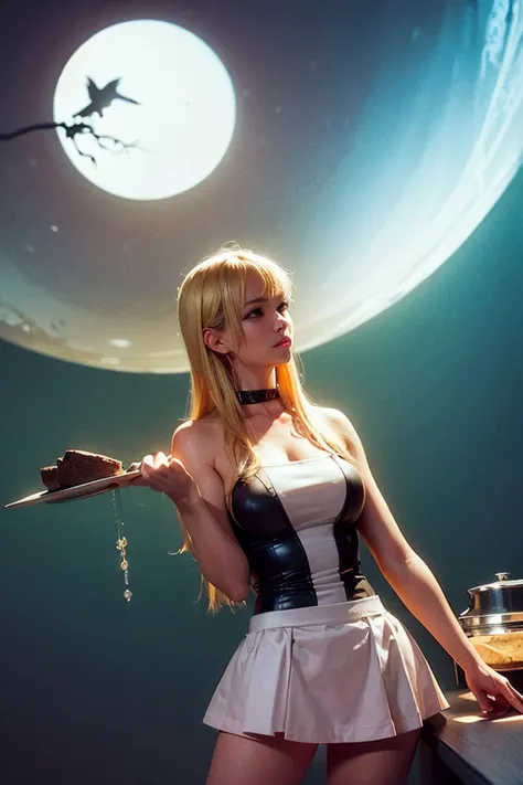 Baron Yoshimoto, Yuko Shimizu, Eleanor Vere Boyle, Florence Harrison, Gosta Adrian-Nilsson Gan, Surrealism, wonder, strange, fantastical, fantasy, Sci-fi fantasy, anime, a beautiful blonde miniskirt girl Alice baking cookies by moonlight, perfect voluminou...