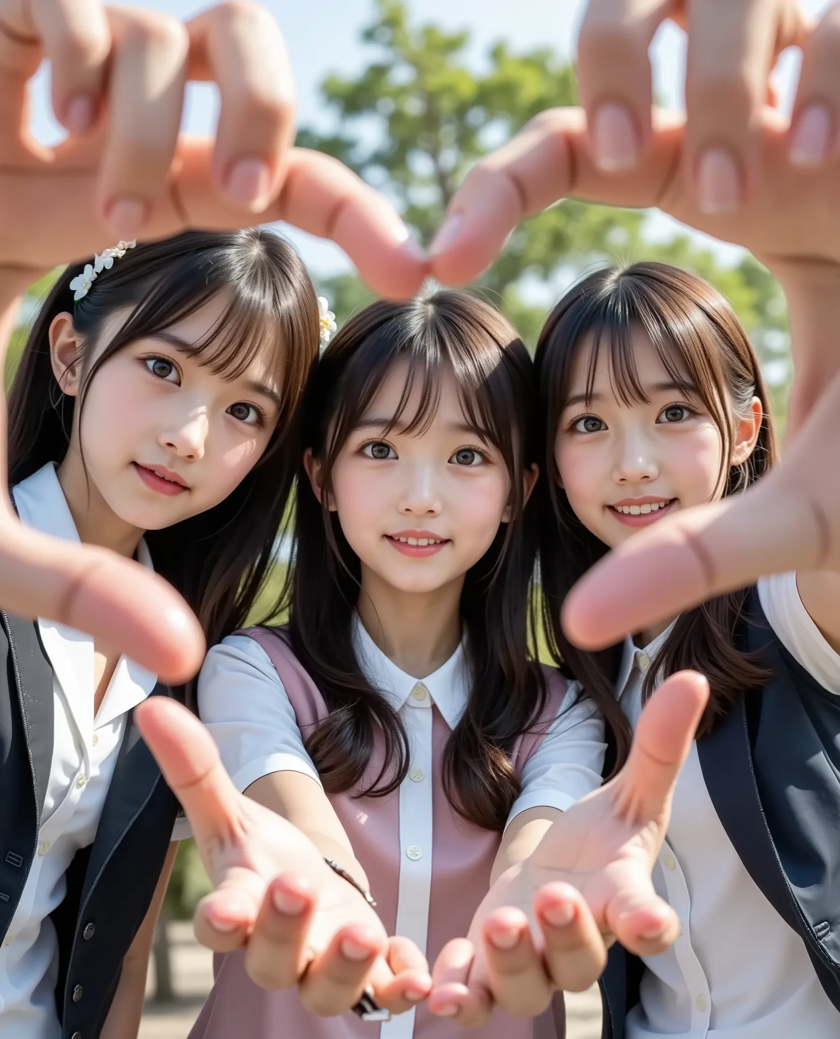 3 girls are making hearts with their own hands, smile、anatomically accurate、5 accurate and detailed fingers
