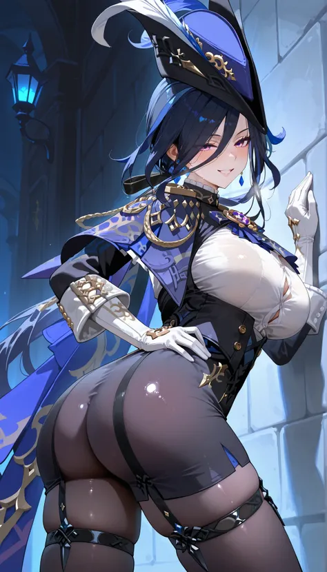 score_9,score_8_up,score_7_up,1girl, solo, large_breasts, vision_\(genshin_impact\), earrings, absurdres, highres, hat_feather, blue_hat, blue_cape, clorinde_\(genshin_impact\), looking_at_viewer, corset, white_gloves, tricorne,(Spreading legs),(One hand o...
