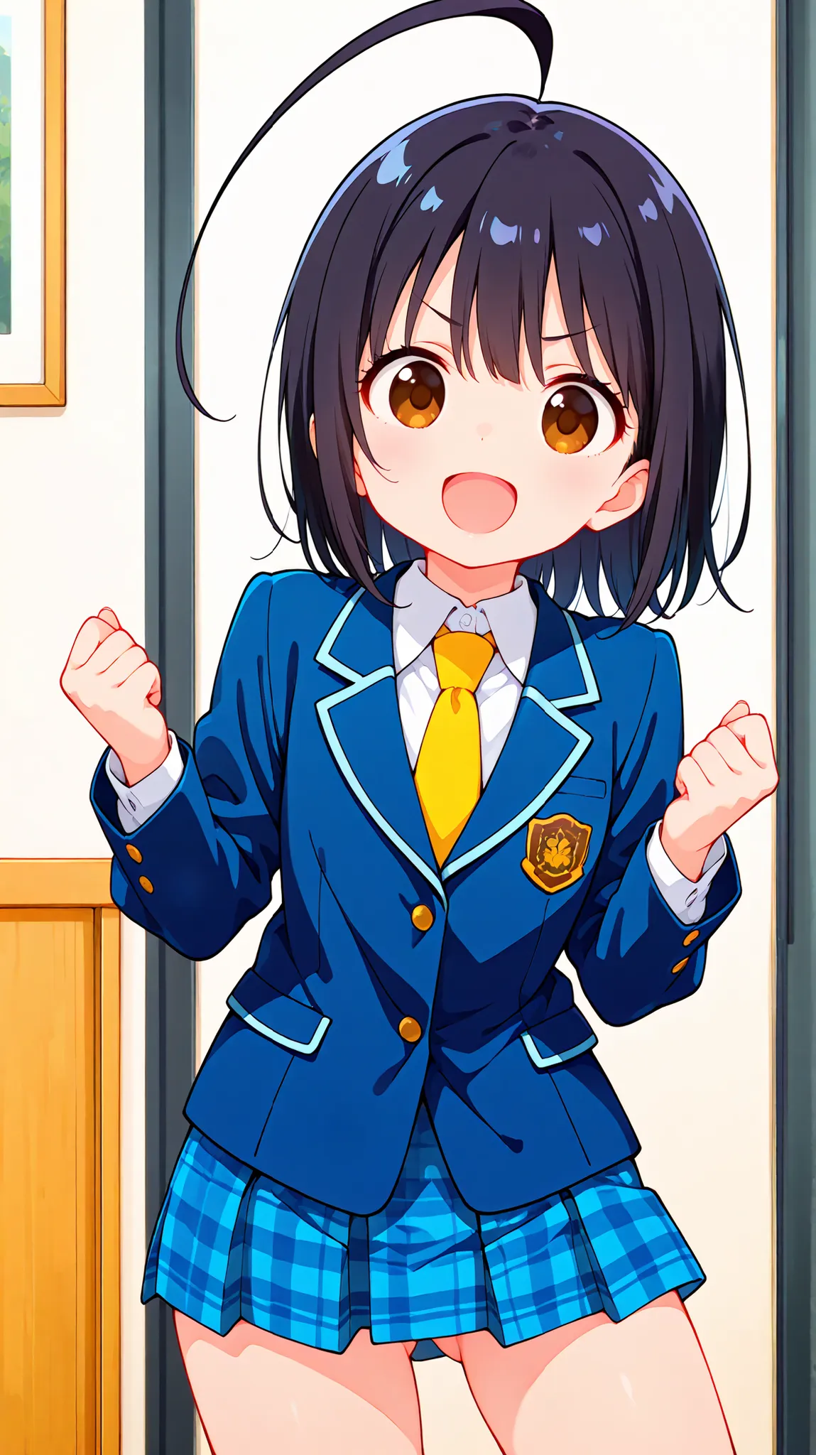 ,((anime style)),score_9, score_8_up, score_7_up,masterpiece, best quality,ultra detail,
(residential area),
negishi masako ,
1girl , ((solo)),
huge ahoge, short hair,black hair ,long bangs,brown eyes,round eyes,(Flat Chest),
school uniform,(((blue blazer...