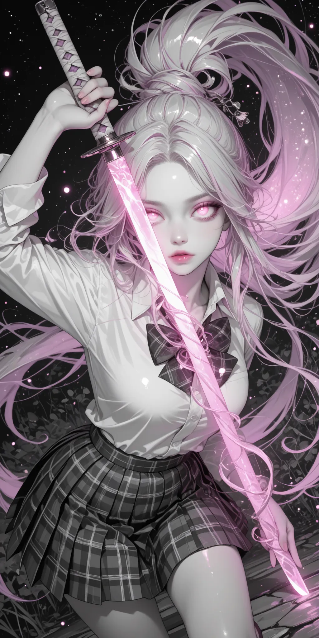 Girl, extra long hair, tied hair, lilac color hair, glossy hair, white shirt, school shirt, pleated skirt, plaid skirt, glossy skirt, holding katana, dynamic pose, dynamic angle, dynamic composition, grayscale, vibrant color, glowing eyes, glowing hair, g...
