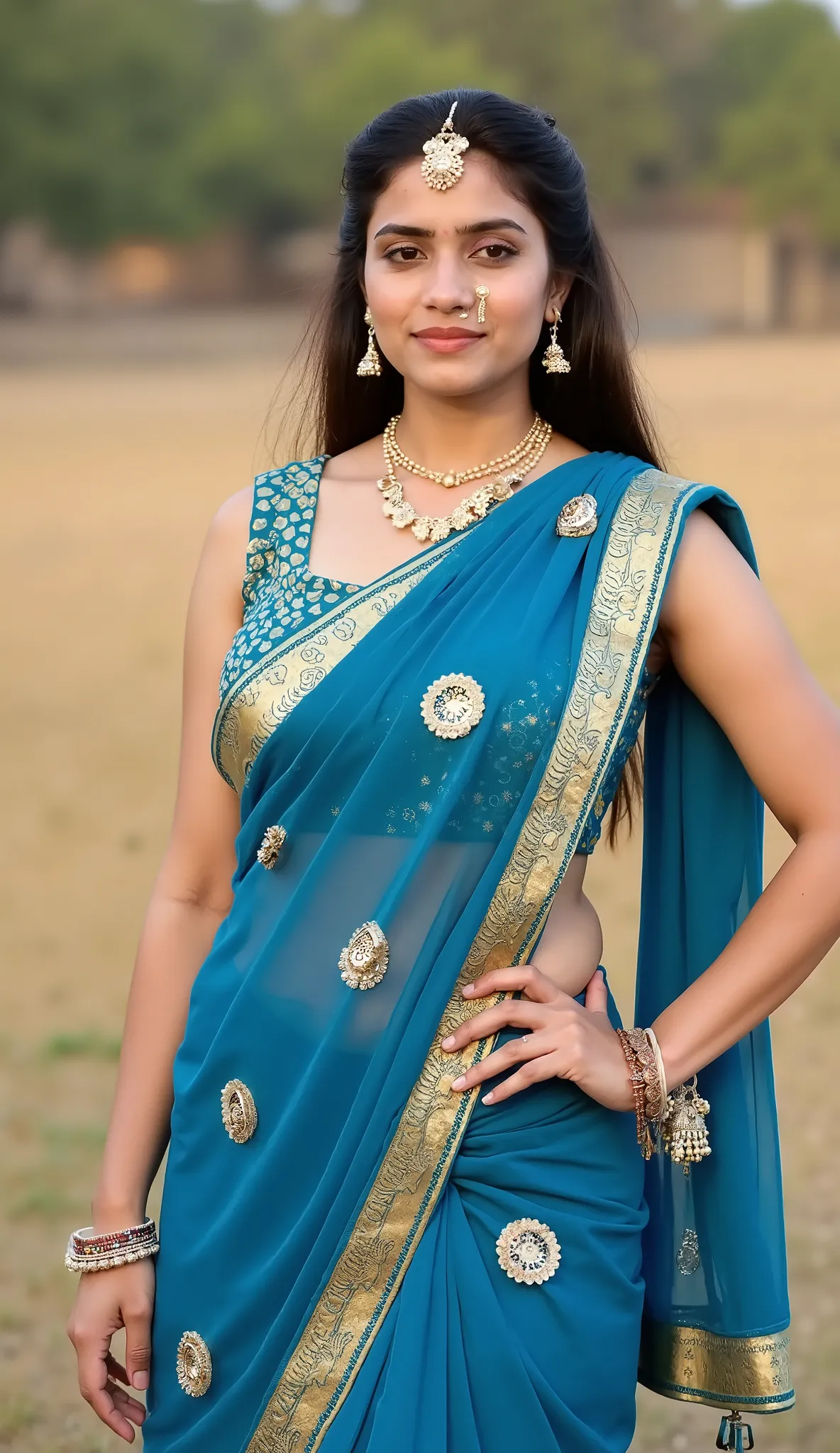 Female outdoor wearing dressed in traditional Indian attire. The outfit consists of a blue blouse with golden patterns and a matching blue skirt with