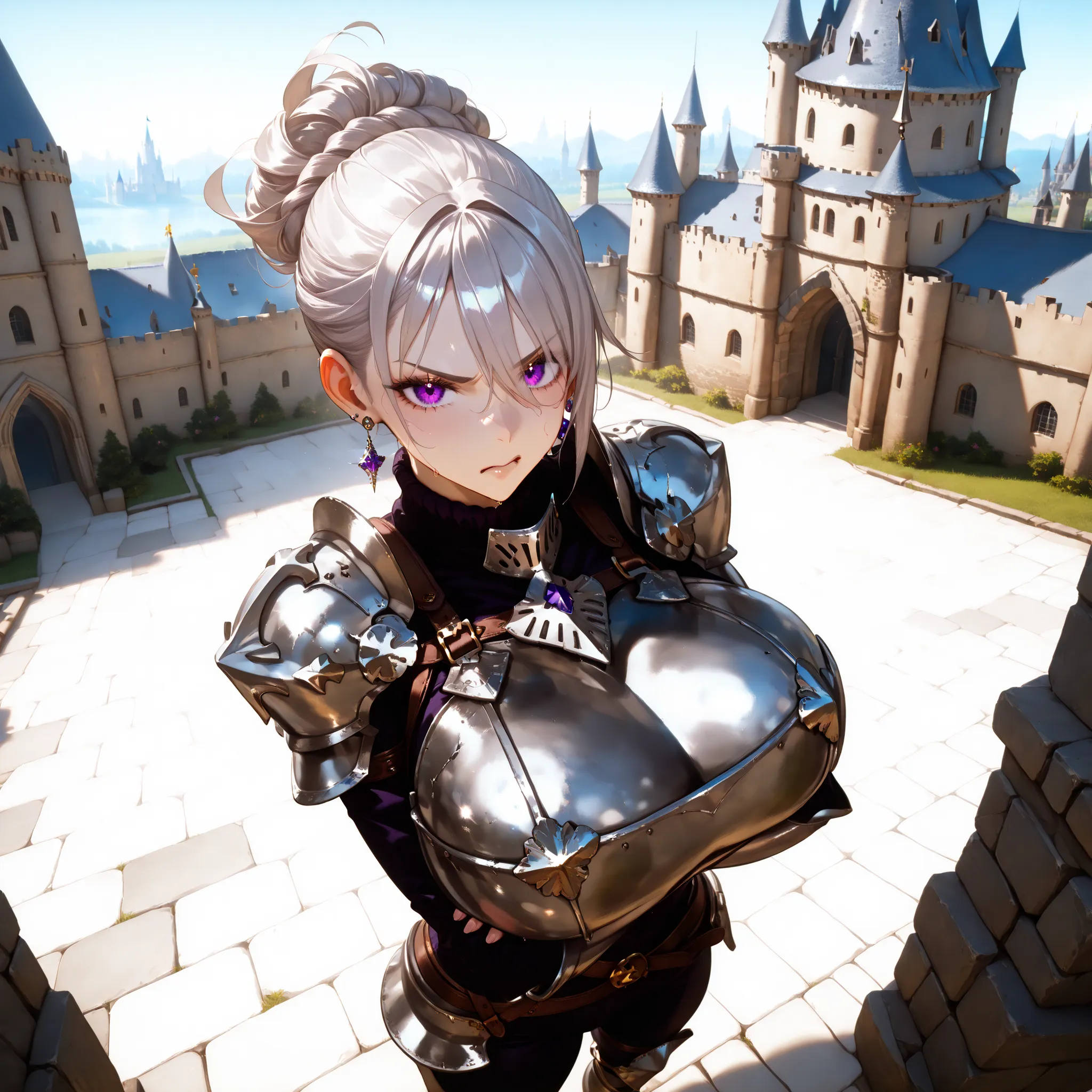 (SuperQuality:1.0) ~ (SuperQuality:1.2), detailxl, 1girl, High Resolution, Best Quality, High Details, Super Detailed, Large Breast, Earrings, Armor, Castle, Knight, Silver Hair, Pixie Hairstyle, Purple Eyes, View From Above, Standing, crossed arms, Glare,...