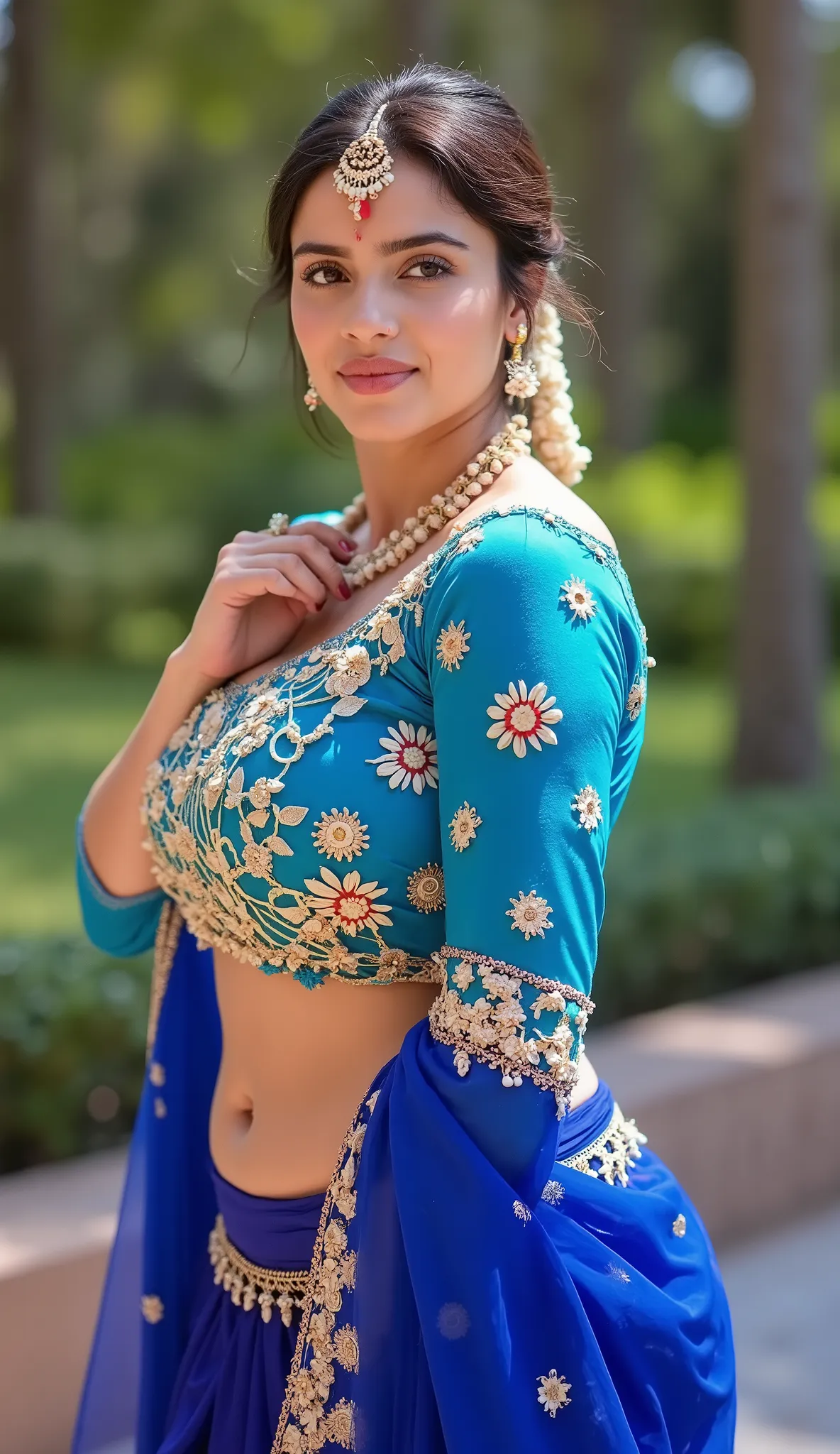 Female outdoor wearing dressed in traditional Indian attire. The outfit consists of a blue blouse with golden patterns and a matching blue skirt with