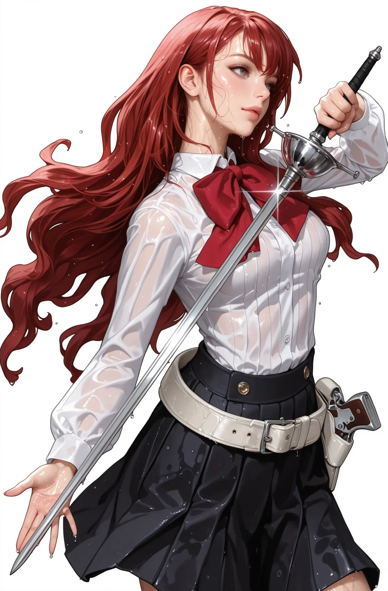 Beautiful high school student, red hair, long hair, super realistic skin texture, fixed, beautiful face, sweaty, she holds a wet rapier that shows through her skin, wears a gun belt with a white gun inside her waist