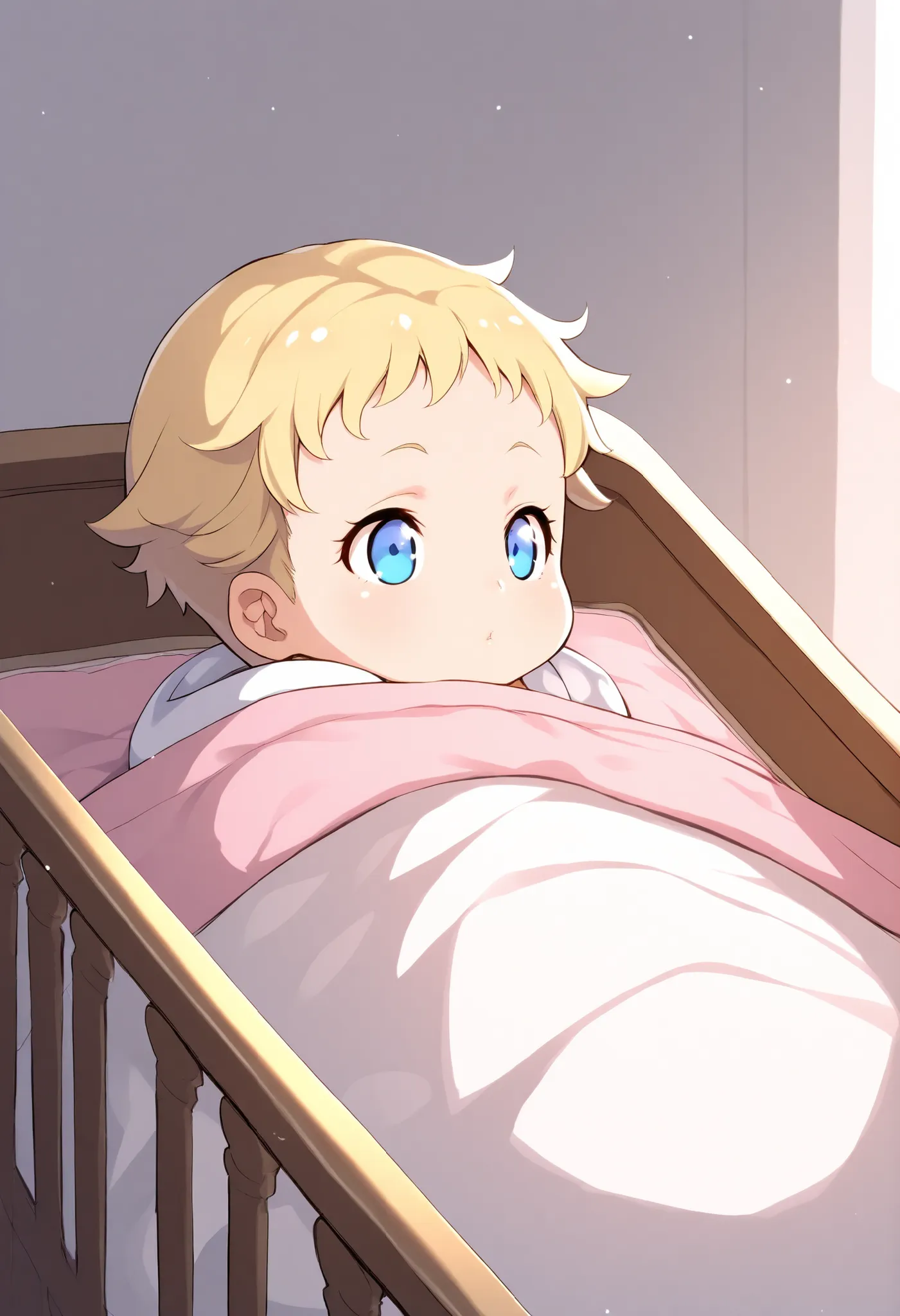 masterpiece , best quality , 1girl , solo , blonde hair , blue eyes , Baby, Symmetrical Eyes, crib
