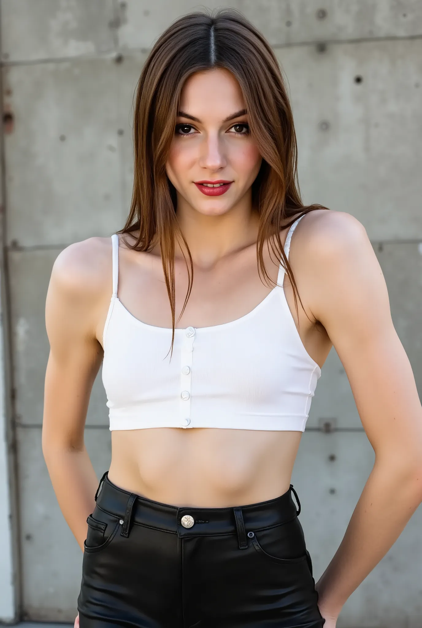 arafed woman wearing a white tank top and leather pants, happy, smiling, neutral concrete background, head straight, flirting with the viewer