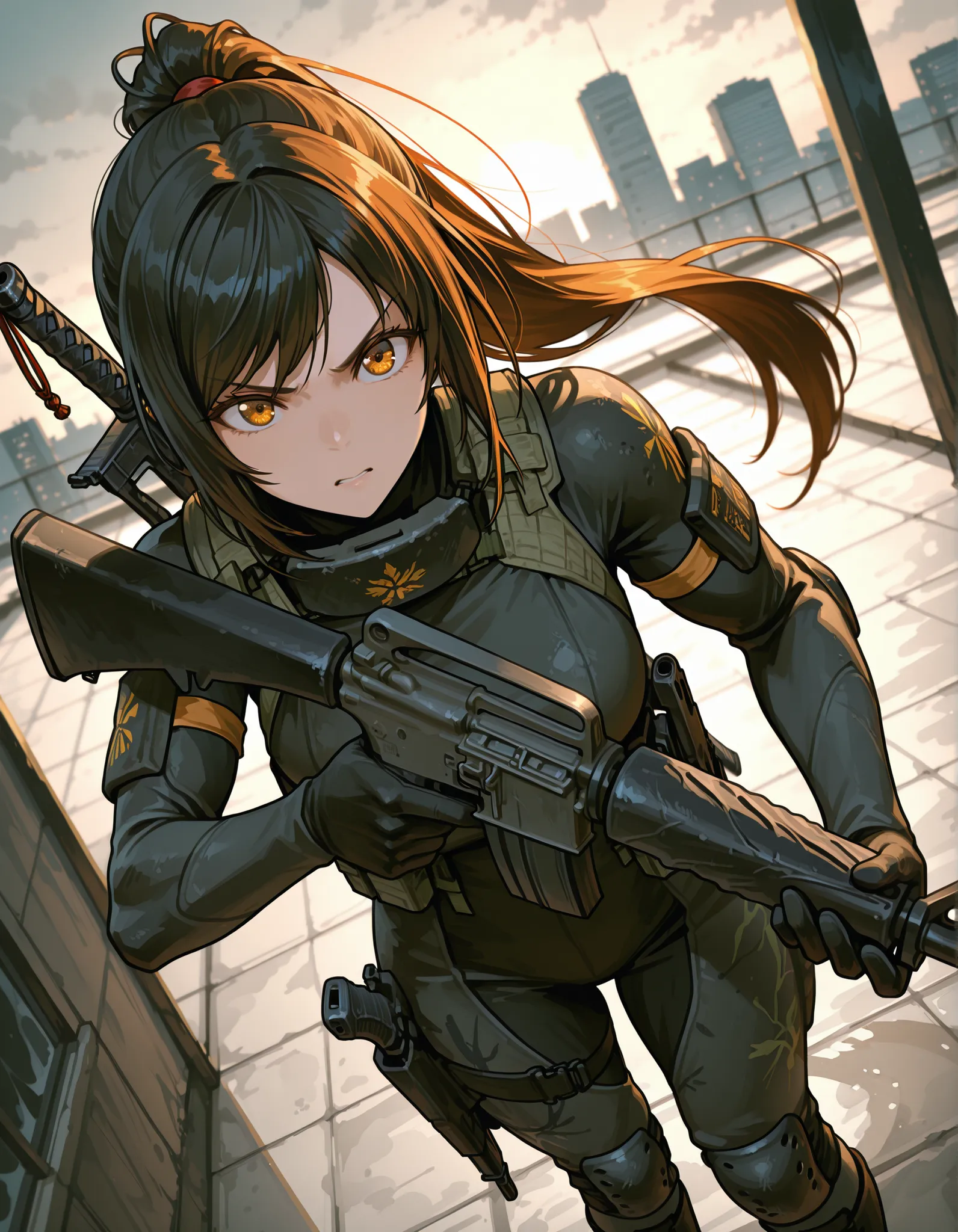 masterpiece, best quality, intricate details, detailed background, high res, highest quality, 8k, solo, solo focus, (perfect face:1.1), (high detail:1.1), 1female, ninja, mercenary, (holstered sword:1.2, katana:1.2) jet black hair, long hair, side-swept ba...