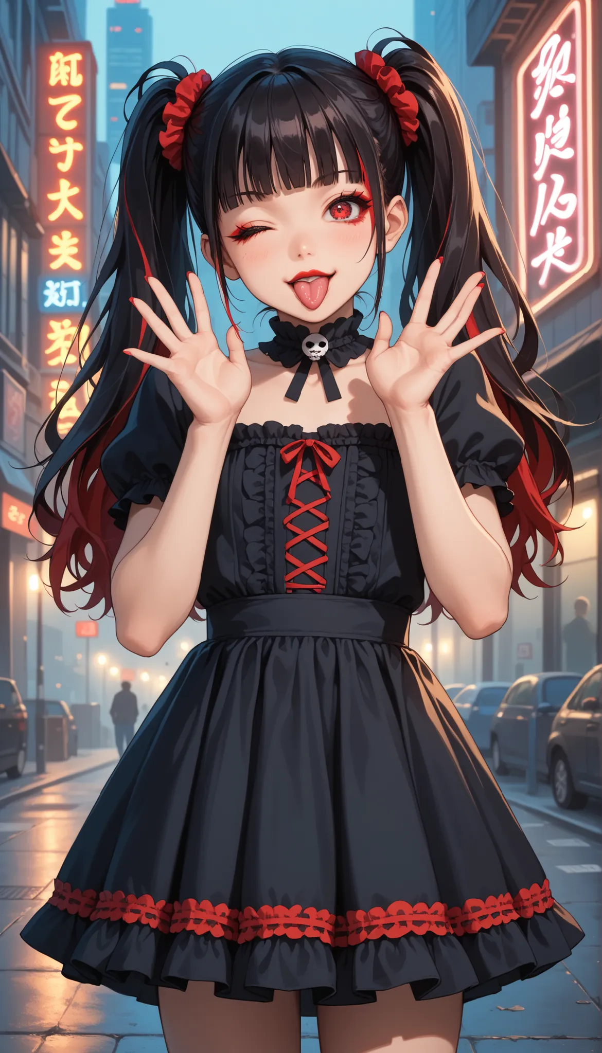 Score_9, score_8_up, score_7_up, score_6_up, source_anime, rating:general, 1girl, long black hair with vivid red streaks, red highlights throughout hair, extremely long twintails, messy twintails, blunt bangs, red eyes, Sanpaku eyes, pale skin, round face,...