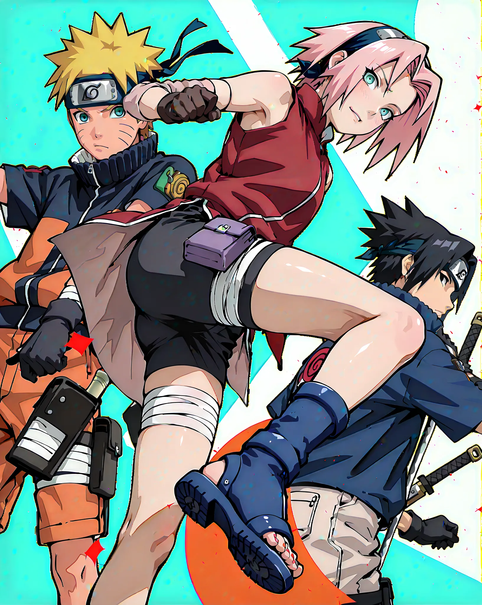 masterpiece, best quality, insanely detailed、(((3人)))、(((3人組のみ)))、(((3人組)))、3人組(Uchiha Sasuke:Naruto Uzumaki:Sakura Haruno)、(Uchiha Sasuke:black eyes, black hair, short hair, spiked hair, parted bangs, forehead protector, high collar, blue shirt, short sleeves, detached sleeves, white shorts, blue footwear, legs bandages, toeless footwear)、(Naruto Uzumaki:cute anime boy, kawaii anime boy, naruto uzumaki, male focus, ager, short hair, blonde hair, blue eyes, facial mark, whisker markings, cute face、orange and black jumpsuit, weapons pouch on left leg, black sandals)、(Sakura Haruno:haruno sakura, pink hair, short, hair, green eyes, forehead protector、sleeveless,forehead protector,hairband, black_gloves, bare_shoulders, red_shirt, konohagakure symbol,short hair、black shorts)、静かな湖、静かな森林、夜明け、遠景、dynamic pose、action pose、dynamic angle、tilted angle、side view、low-angle shot, 30 degrees, detailed、wide-angle shot, distant shot, 