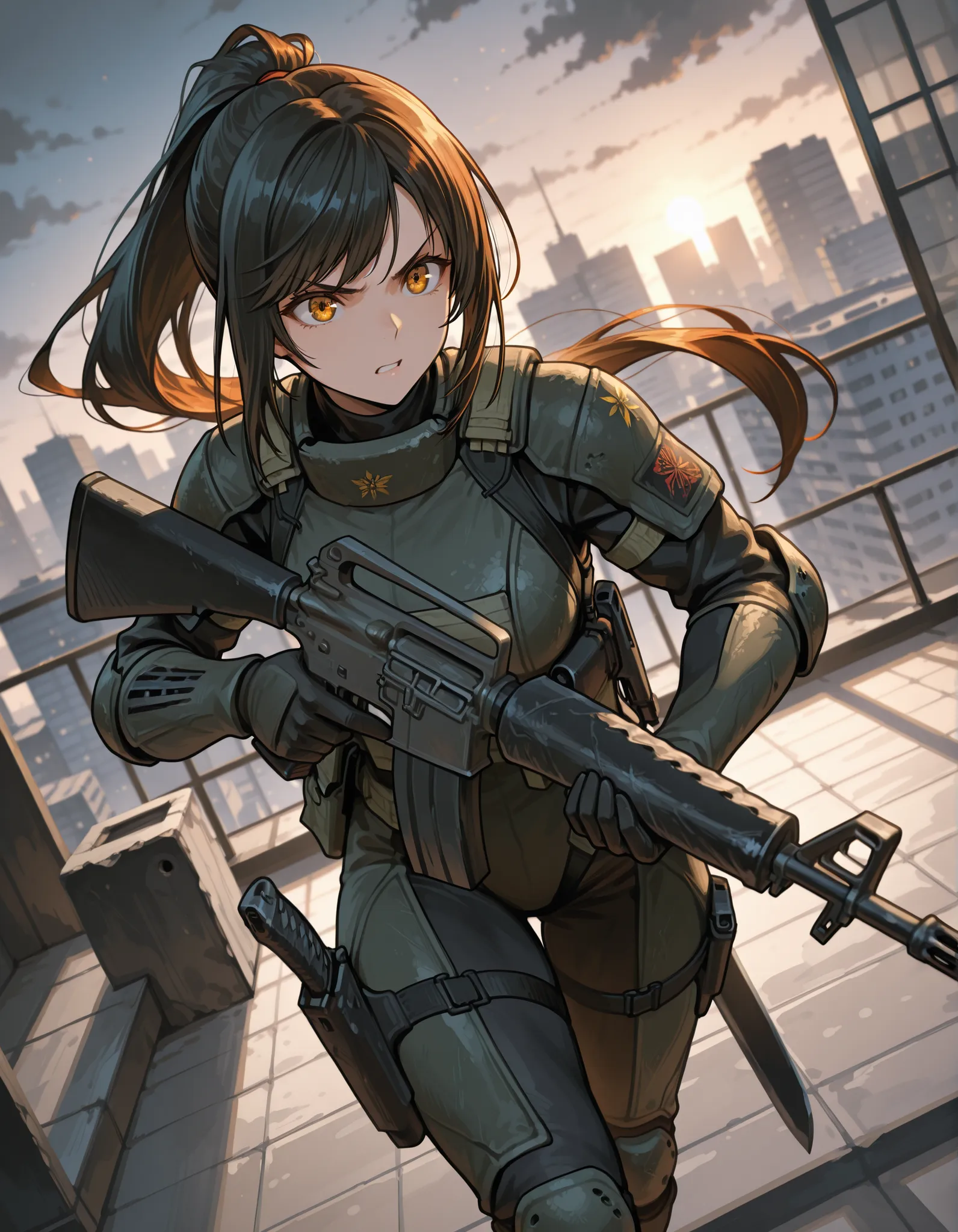 masterpiece, best quality, intricate details, detailed background, high res, highest quality, 8k, solo, solo focus, (perfect face:1.1), (high detail:1.1), 1female, ninja, mercenary, (holstered sword:1.2, katana:1.2) jet black hair, long hair, side-swept ba...